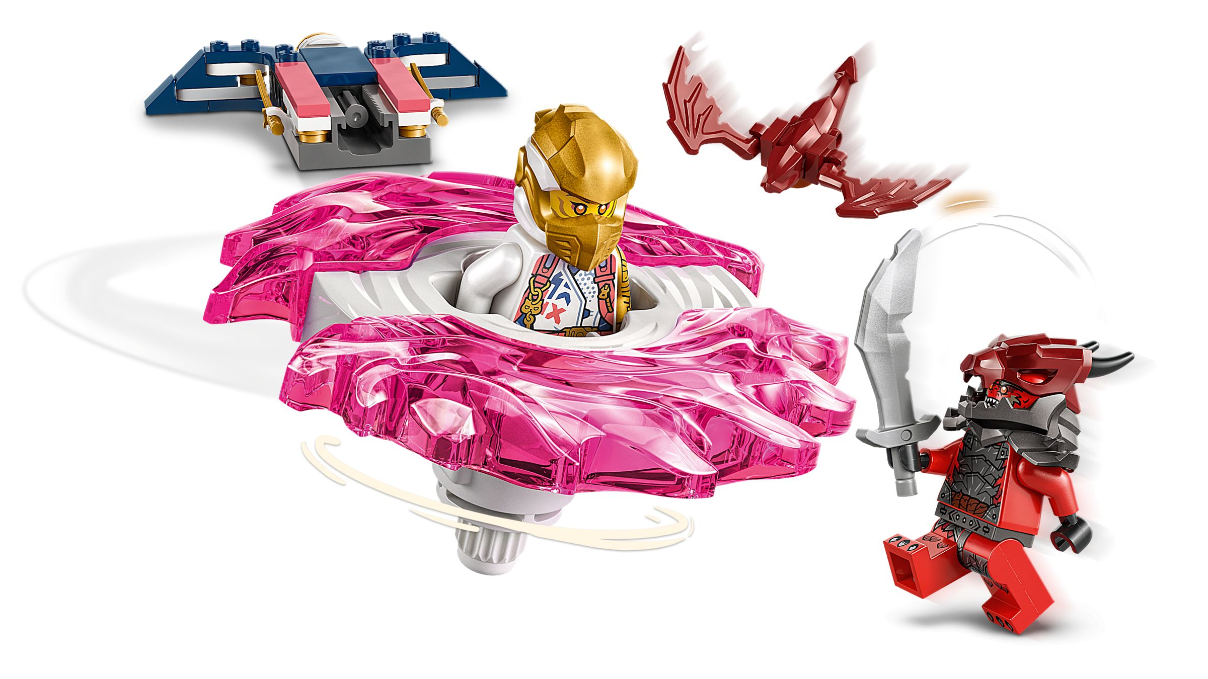 Lego Ninjago Set mit Ninja in rosa Kreisel, rotem Drachen und roter Kriegerfigur.