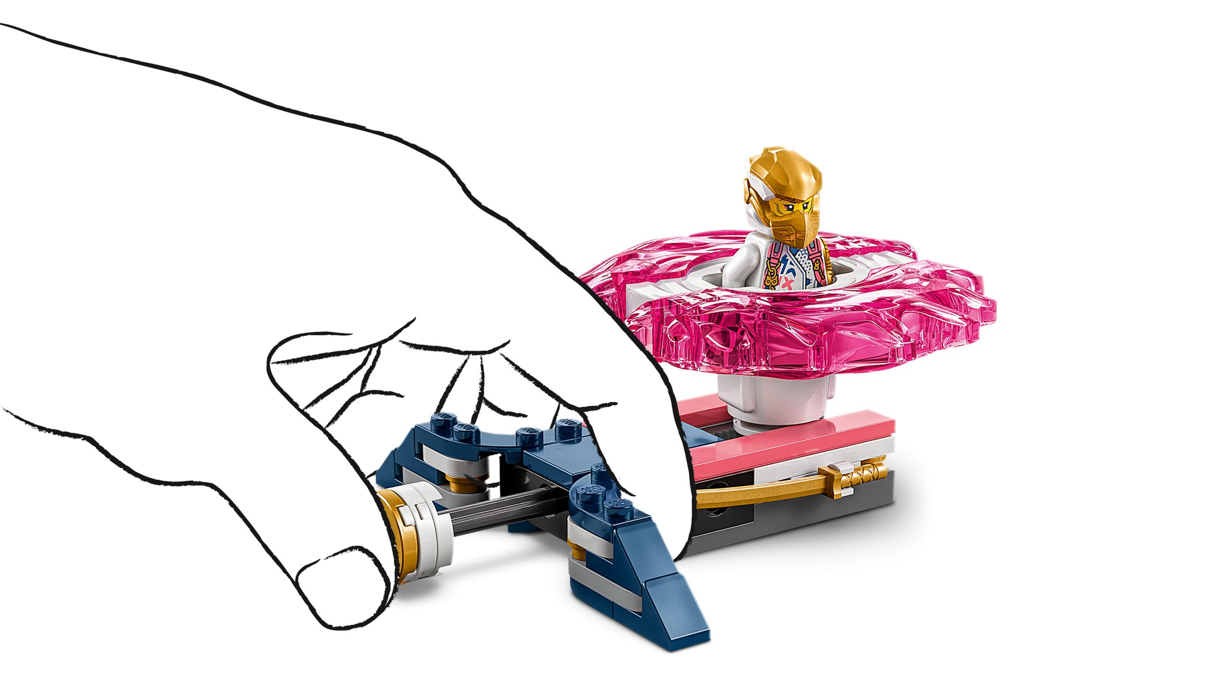 Eine gezeichnete Hand drückt den blauen Auslöser eines Lego-Spinners mit einer goldenen Ninja-Figur und rosa Wirbel.