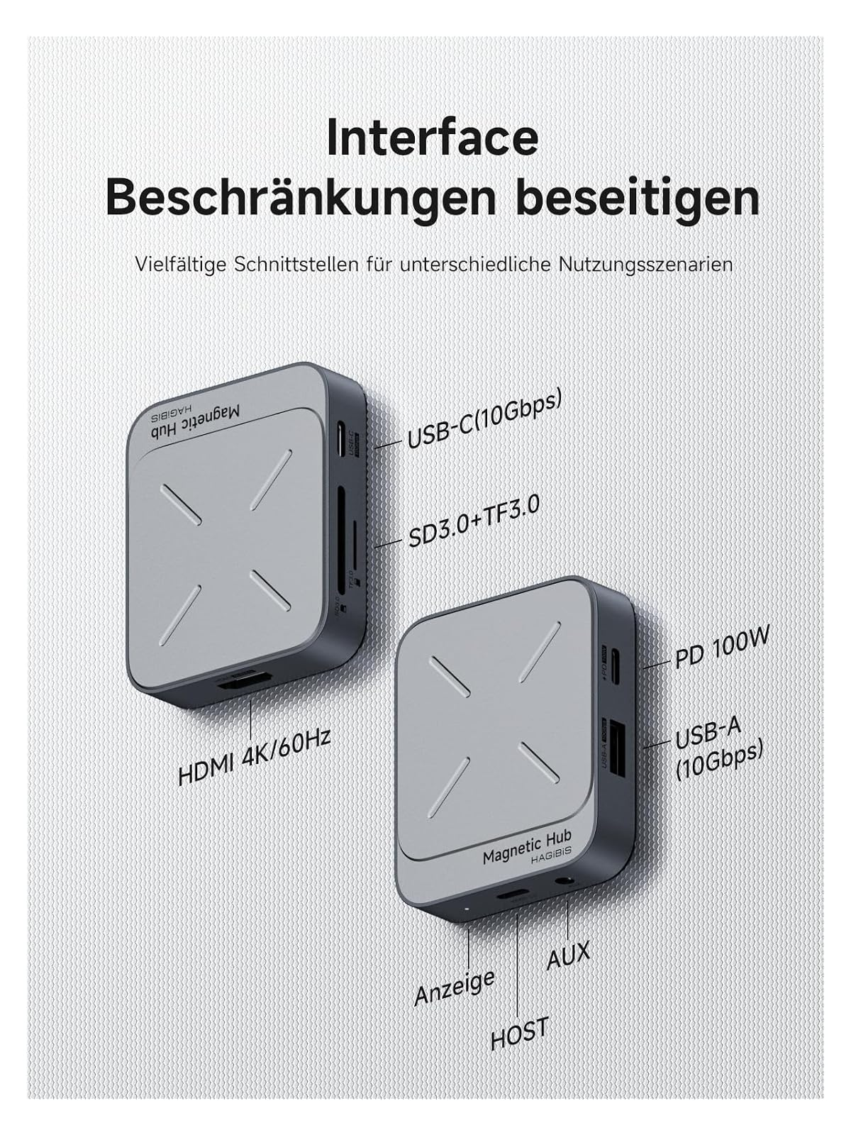 Zwei graue Magnetic Hubs mit verschiedenen Anschlüssen auf weißem Hintergrund.
