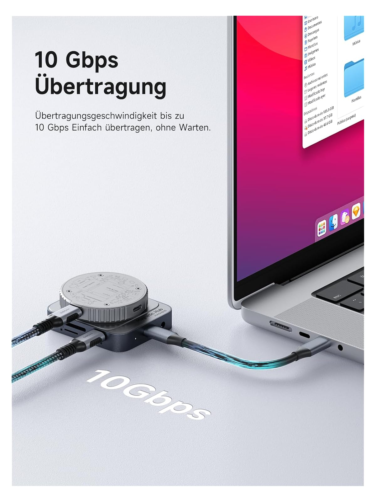 Ein silberner USB-Hub ist mit Kabeln und einem Laptop verbunden, mit Text zur 10 Gbps Übertragung.