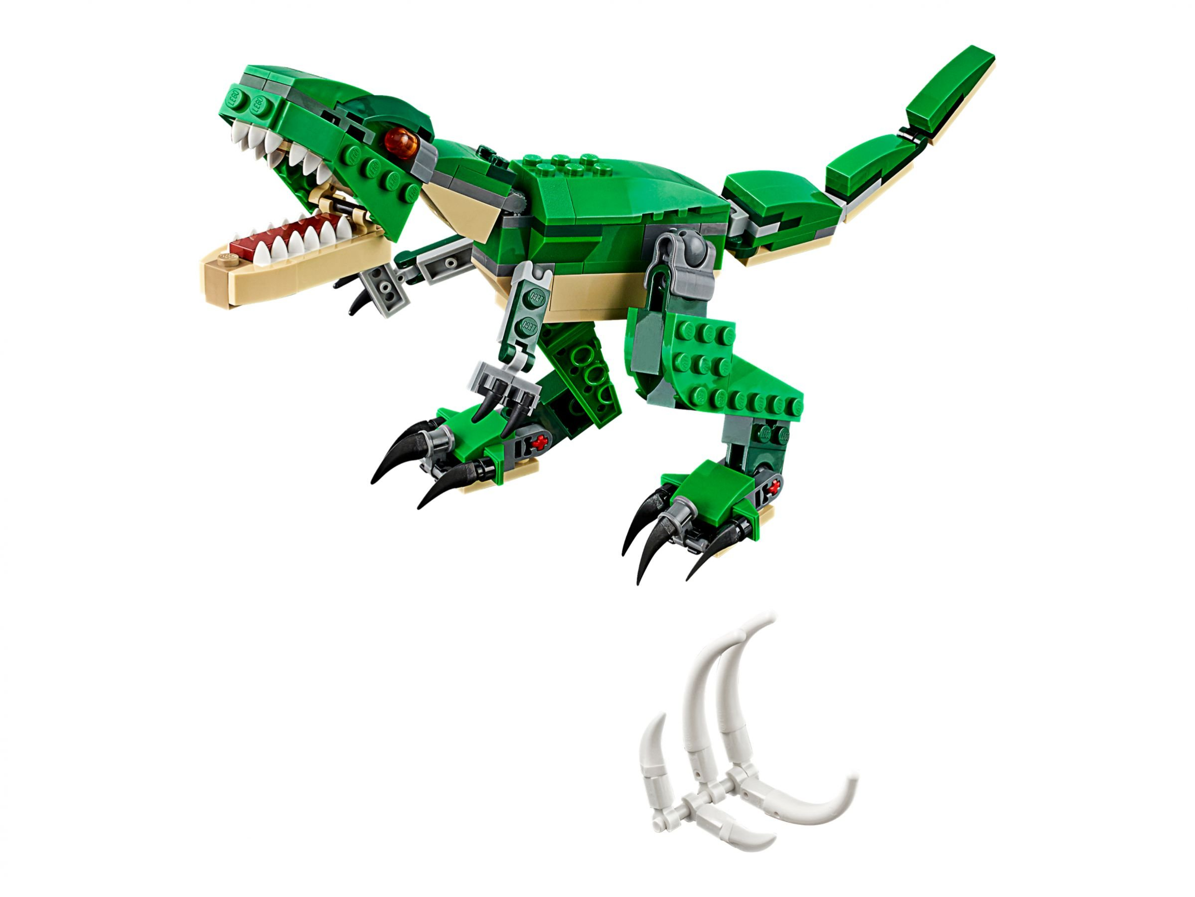 Ein grüner Legodinosaurier mit offenem Maul steht vor weißem Hintergrund mit Skelettteilen.