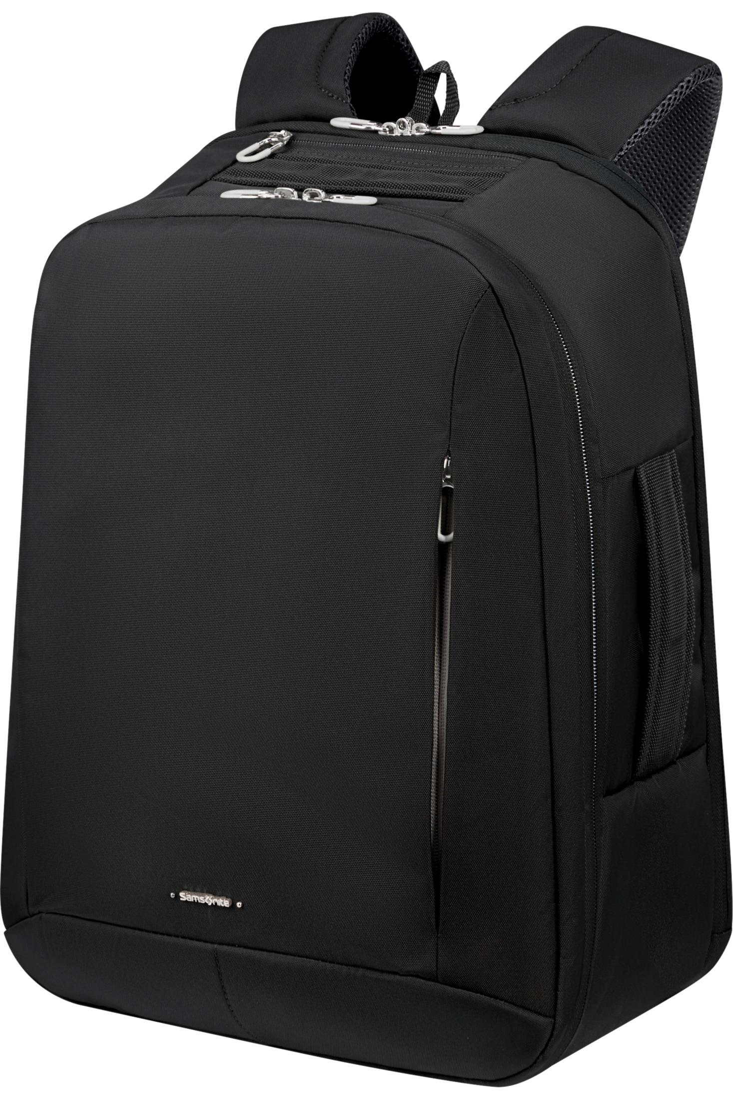 Ein schwarzer Samsonite-Rucksack mit Reißverschlüssen und Seitengriff auf weißem Hintergrund.