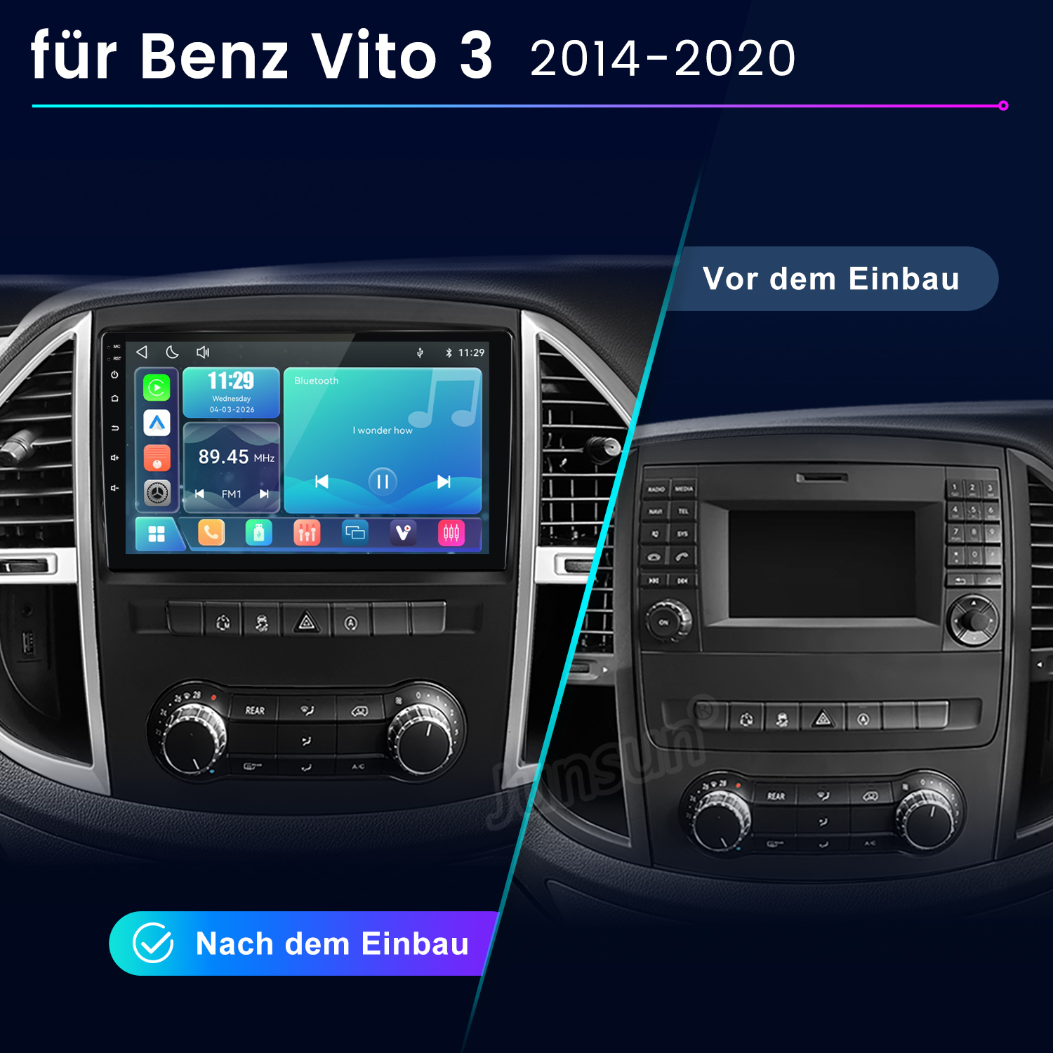 Vergleich des Benz Vito Armaturenbretts vor und nach dem Einbau eines Touchscreen-Multimediasystems.