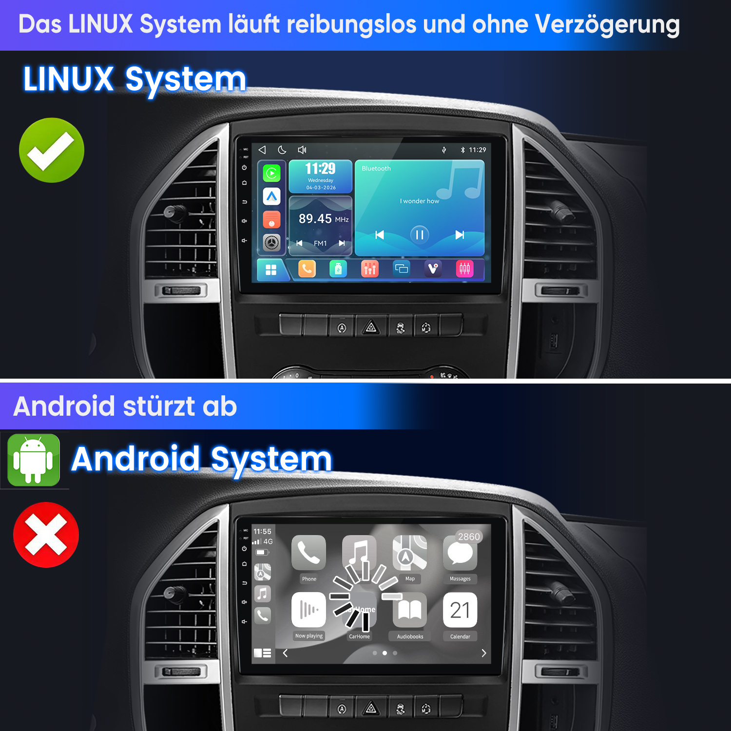 Vergleich zweier Autosysteme: Linux läuft reibungslos, Android zeigt einen Absturzbildschirm.