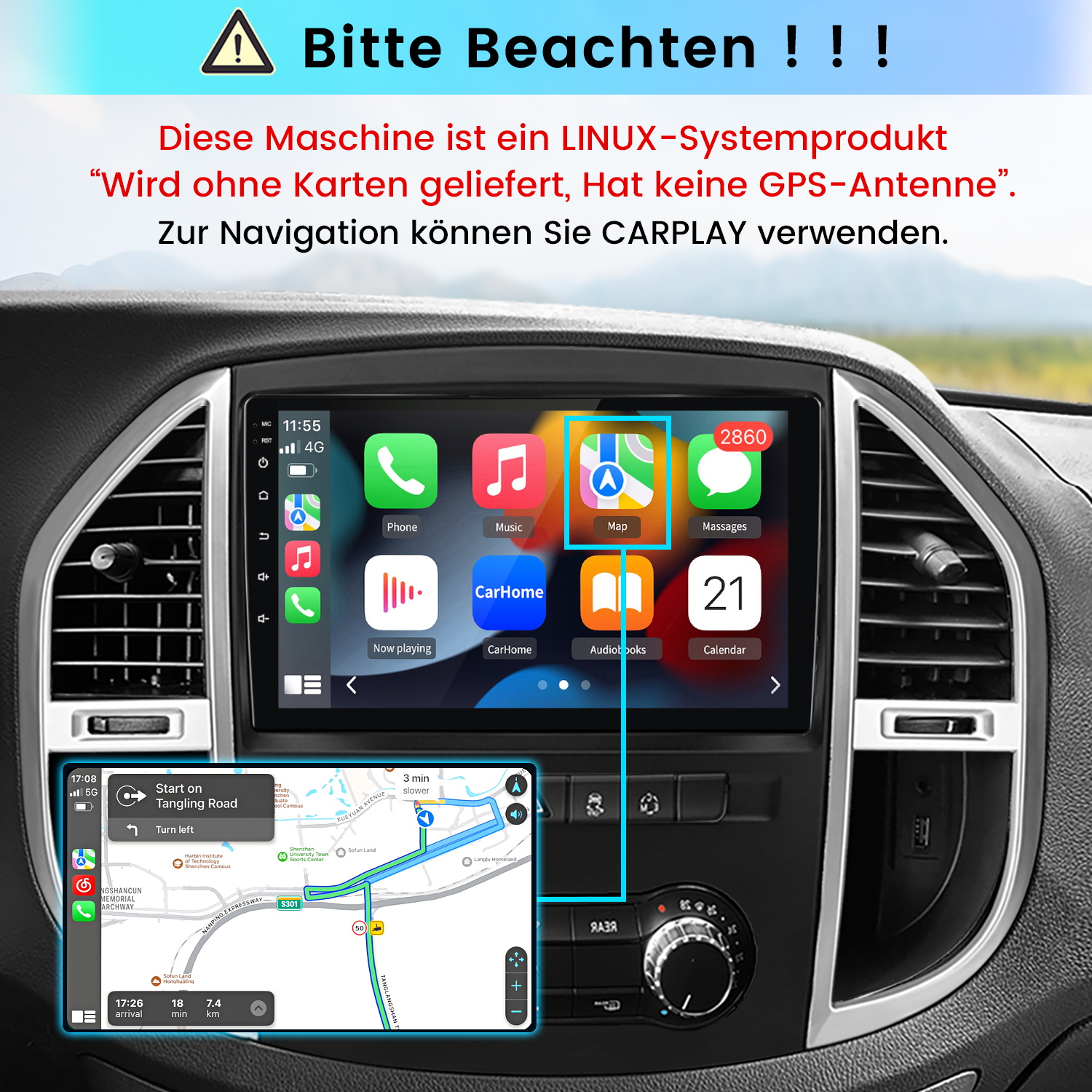 Linux-Autoradio mit CarPlay-Menü und Hinweistext oben.