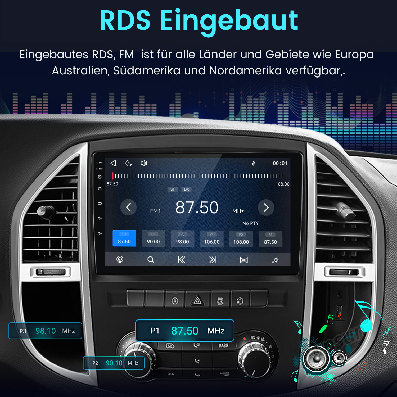 Autoradio mit Touchscreen und RDS-Funktion im Armaturenbrett.