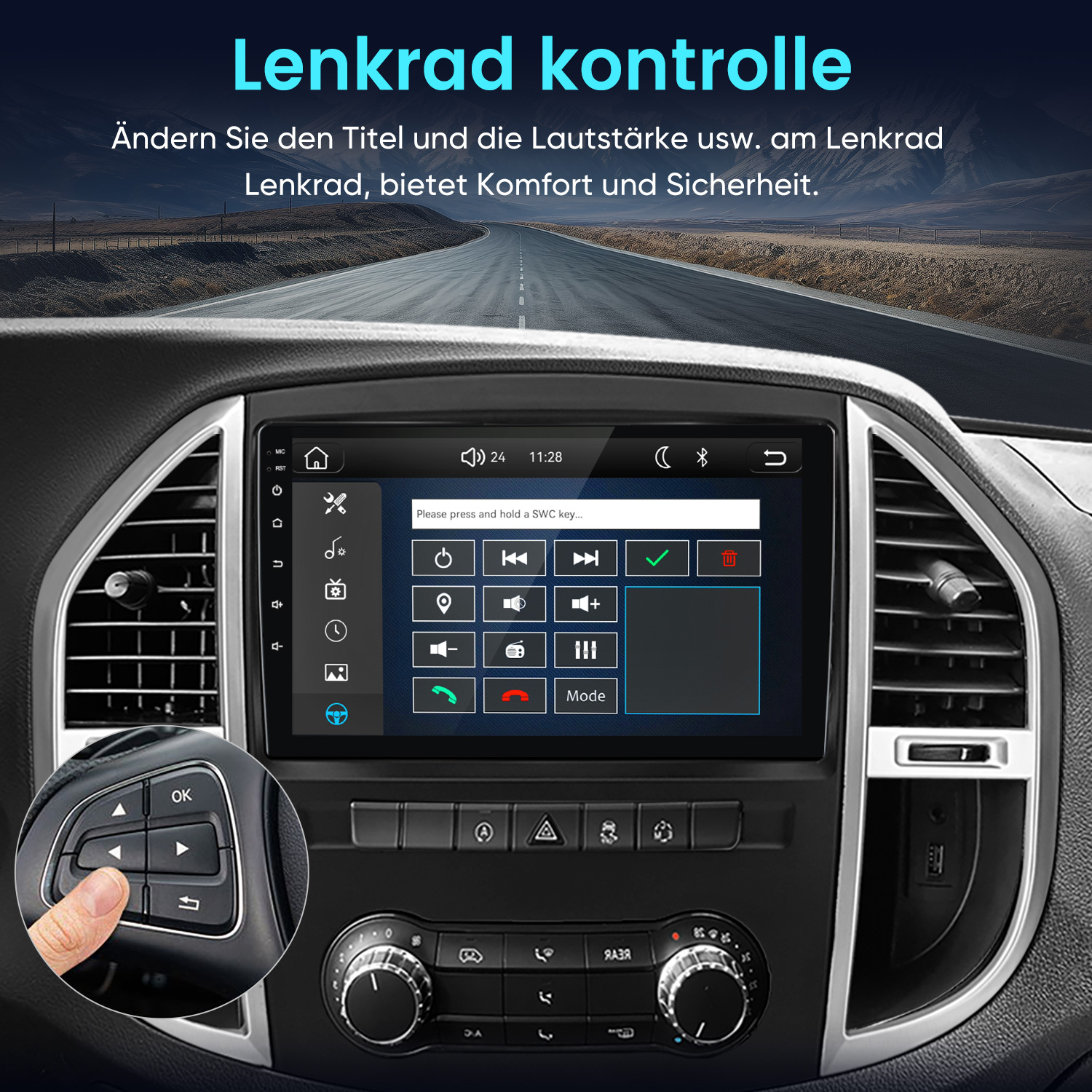 Autoinnenraum mit Touchscreen-Display und Lenkradfernbedienung vor einer Berglandschaft.