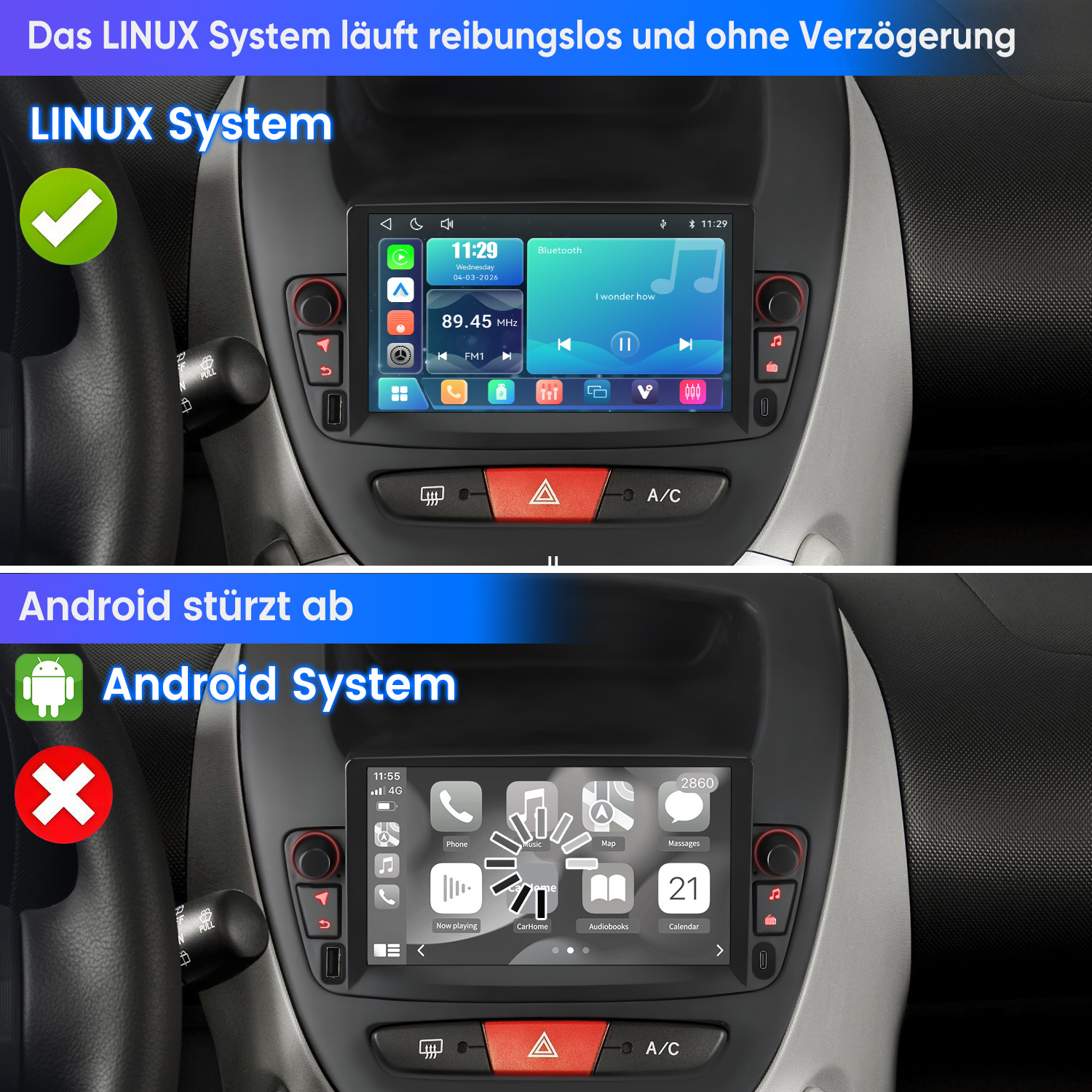 Vergleich zweier Auto-Displays: Ein flüssiges Linux-System und ein hängendes Android-System.