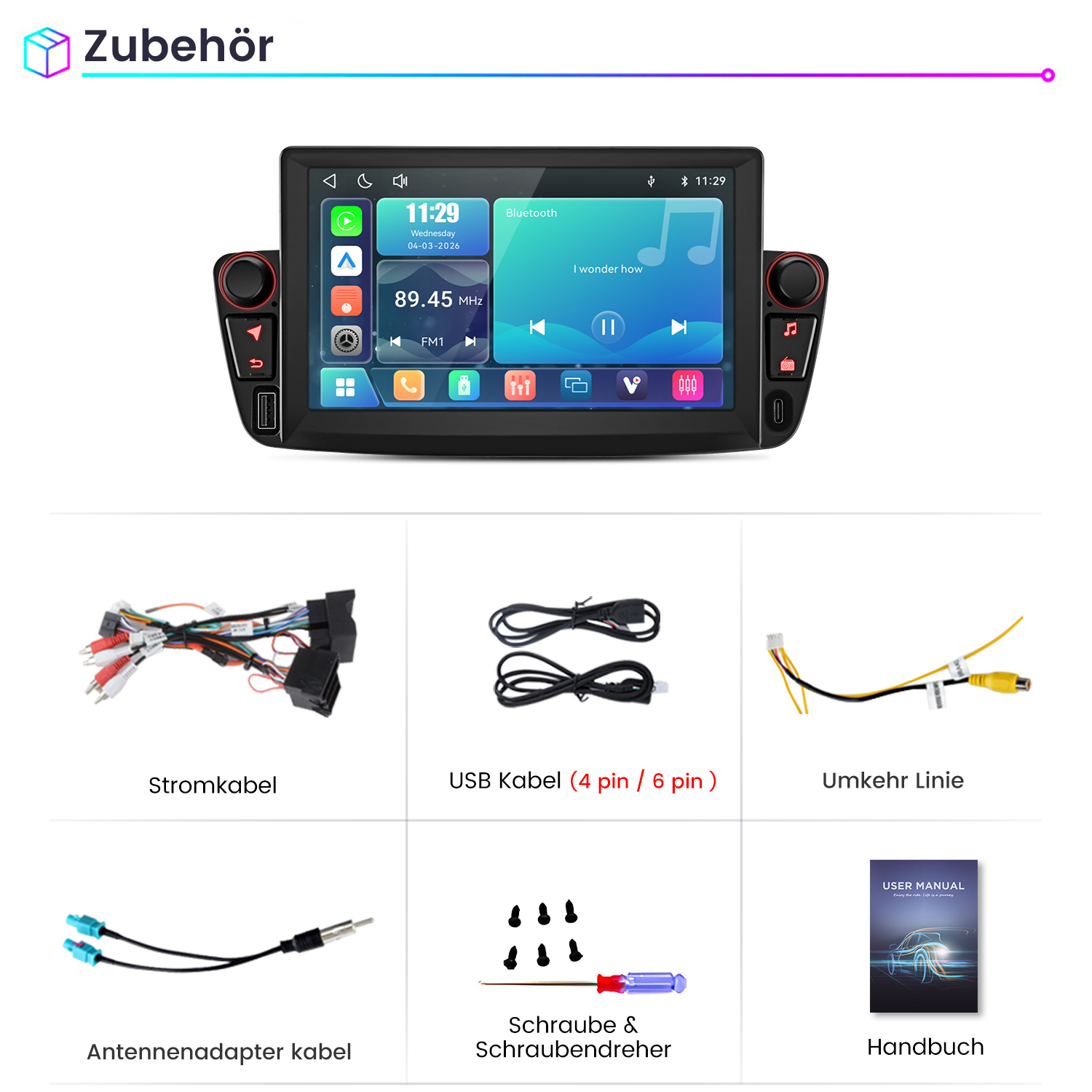Autoteile-Set mit Touchscreen-Multimedia-Display, verschiedenen Kabeln, Adaptern, Schrauben, Schraubendreher und Handbuch.