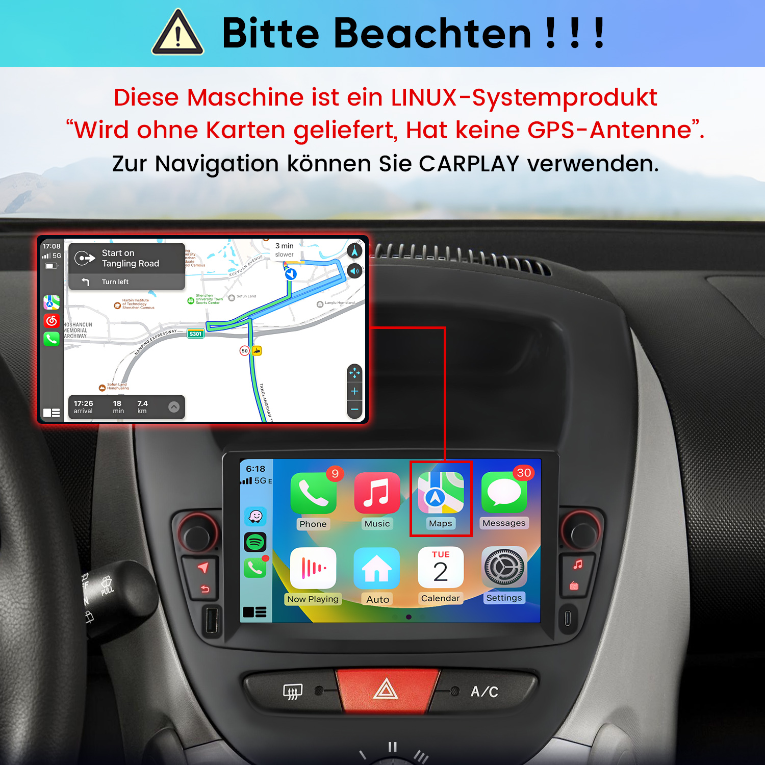 Carplay-Navigation auf einem Auto-Touchscreen mit deutscher Warnung.