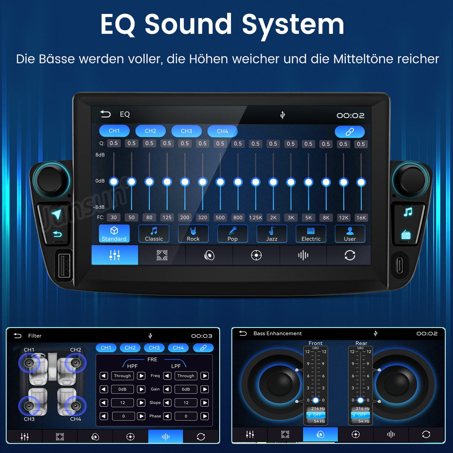 Auto-Audiosystem-Equalizer-Bildschirm zeigt blaue Benutzeroberfläche mit Tonfrequenzreglern.