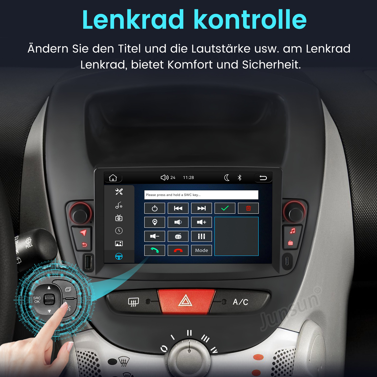 Ein Auto-Armaturenbrett mit Touchscreen-Display und Lenkradsteuerungsoptionen.
