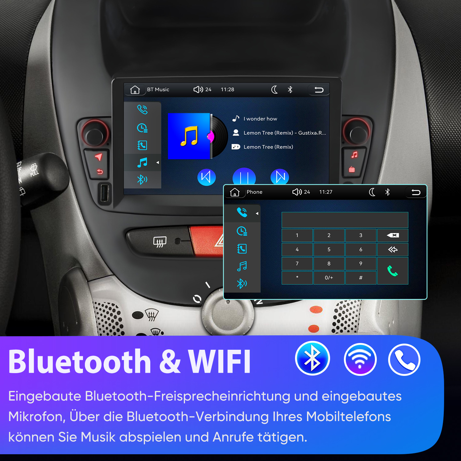 Autoinnenraum mit eingebautem Touchscreen-Display für Bluetooth-Musik und Telefonanrufe.