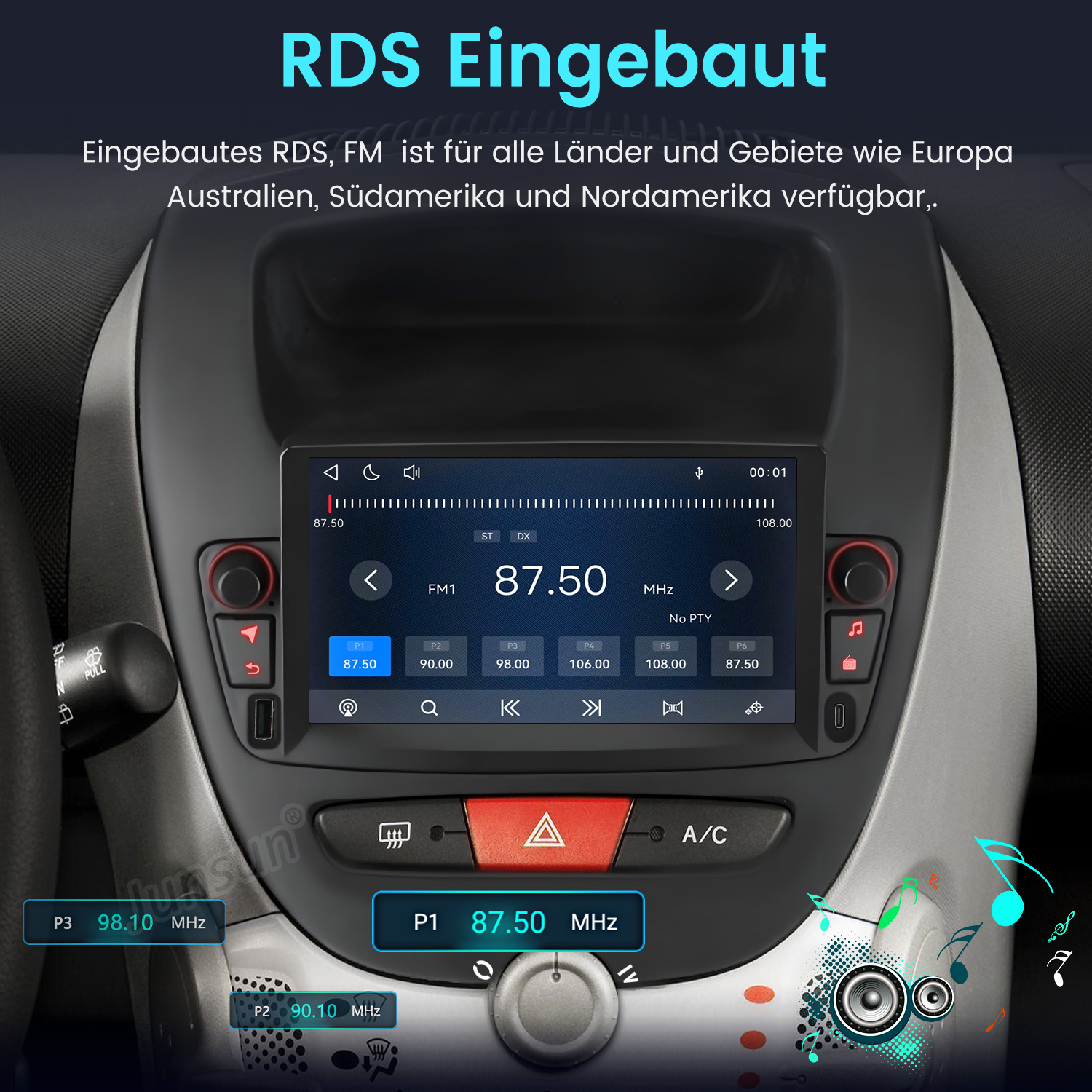 Ein Auto-Armaturenbrett mit digitalem Touchscreen-Infotainmentsystem, das den UKW-Radiosender 87,50 MHz anzeigt.