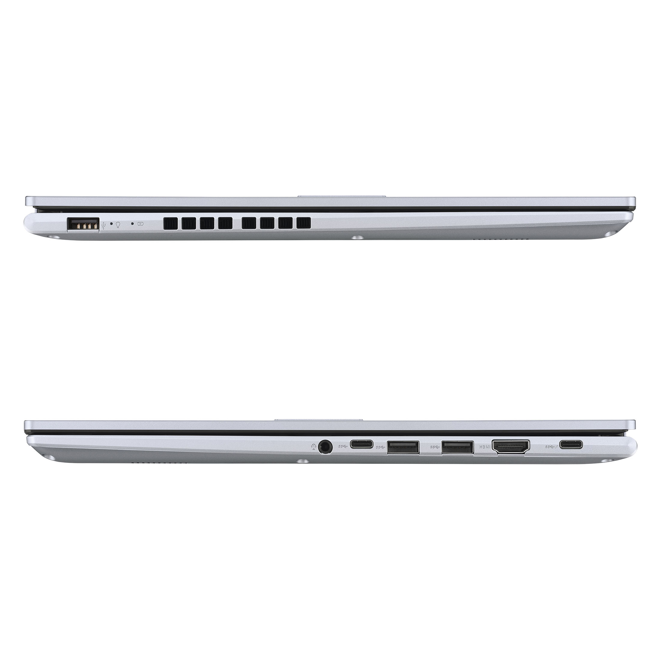 Seitenansichten eines silbernen Laptops mit Anschlüssen und Lüftungsschlitzen auf einer weißen Hintergrund.