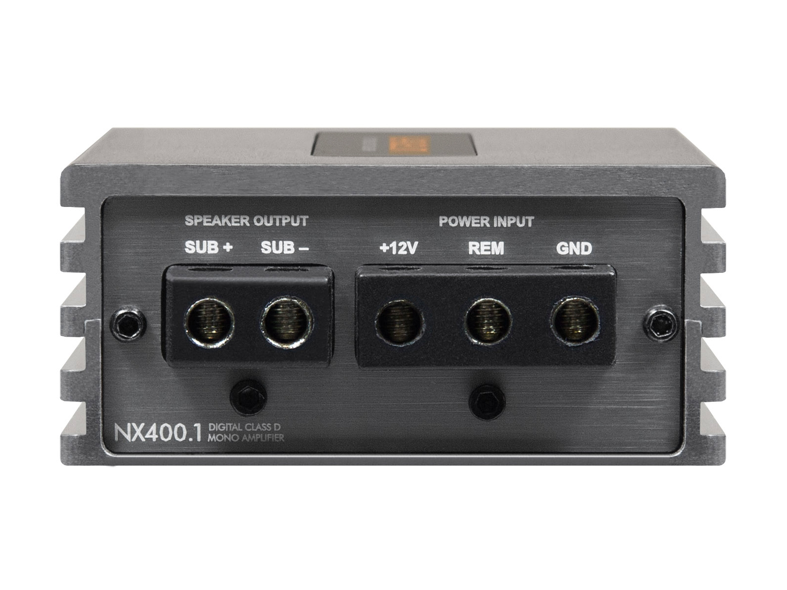 Vorderansicht des NX400.1 Digital Class D Mono-Verstärkers mit Lautsprecher- und Stromanschlüssen.