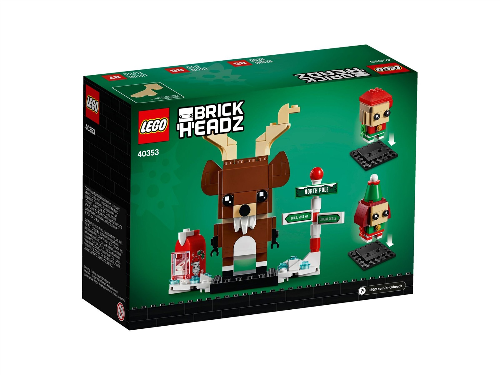 LEGO BrickHeadz Rentier, Elf und Elf Box mit baubaren Figuren und Nordpol-Schild vor grünem Hintergrund.