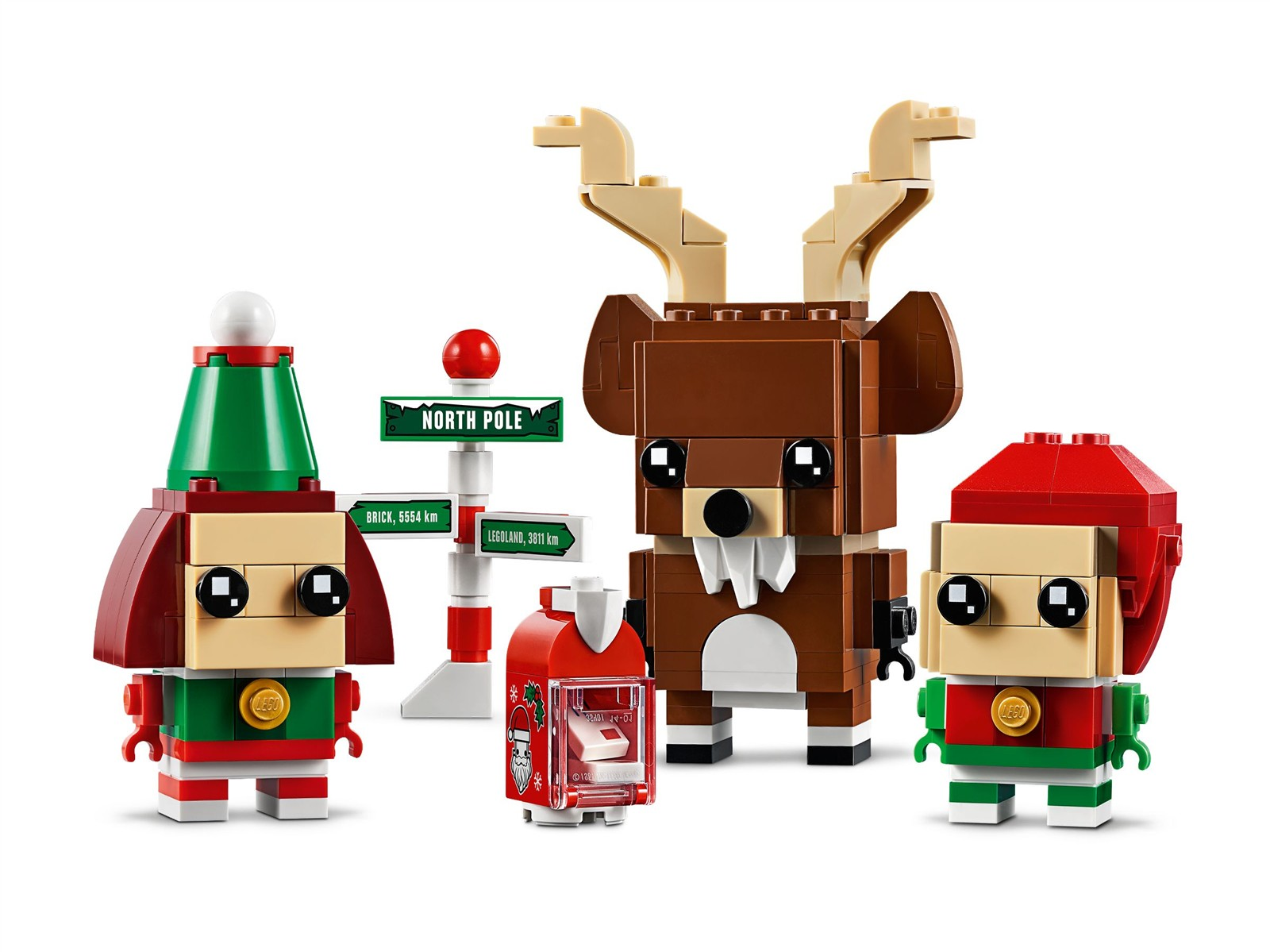 Lego-Weihnachtsset mit zwei Elfen, einem Rentier, einem Briefkasten und einem Nordpol-Wegweiser.