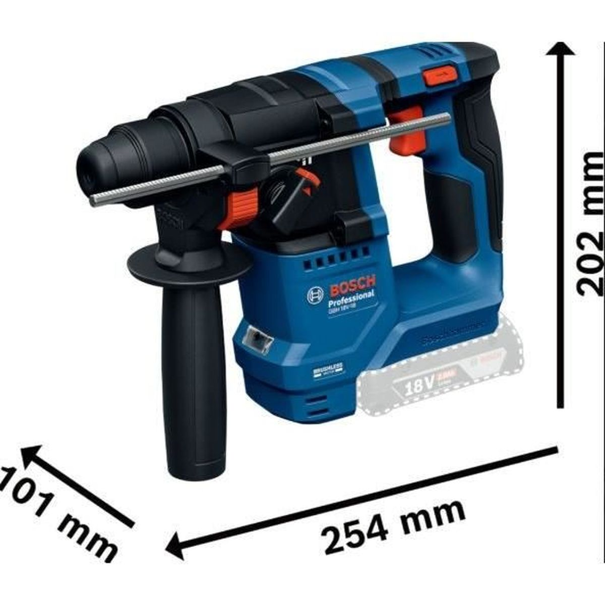 Ein blauer und schwarzer Bosch Professional Akku-Bohrhammer mit Maßangaben.