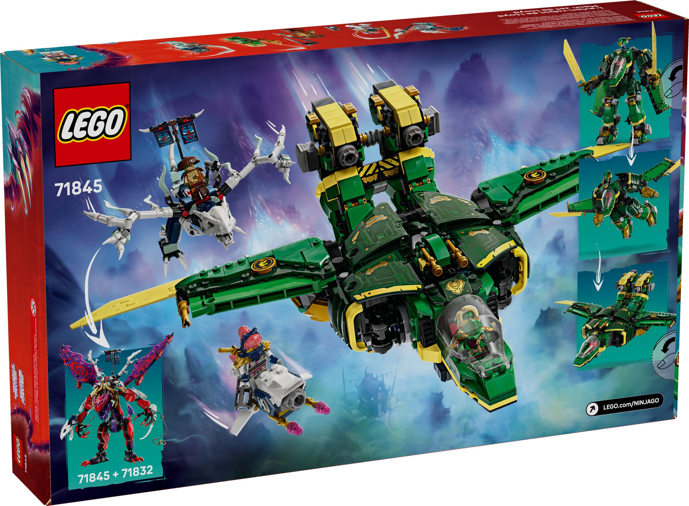 La scatola del set LEGO Ninjago 71845 mostra un grande jet verde e minifigure in azione.