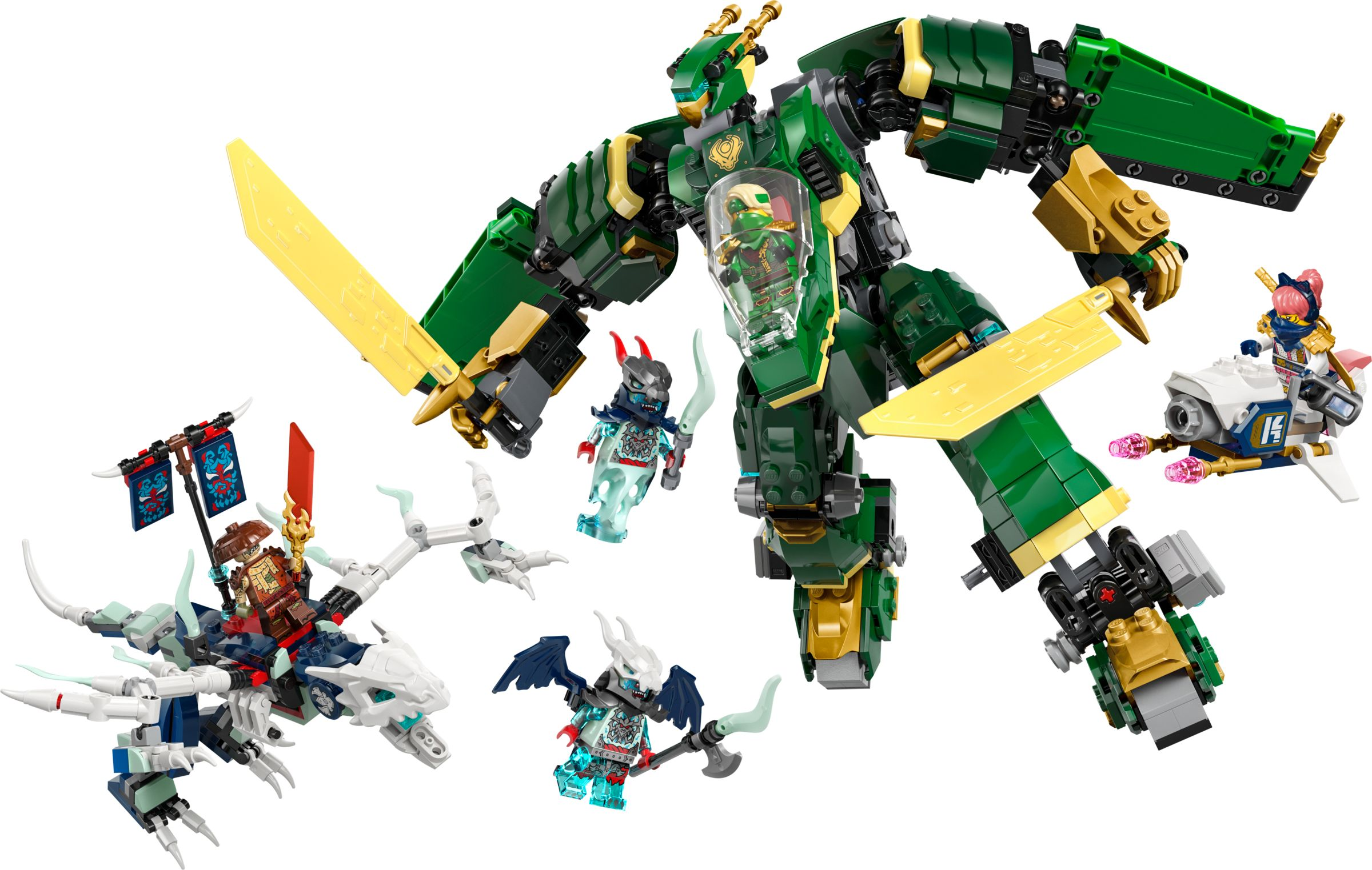Un set Lego Ninjago con un mecha verde, un drago, un veicolo e diverse minifigure su sfondo bianco.
