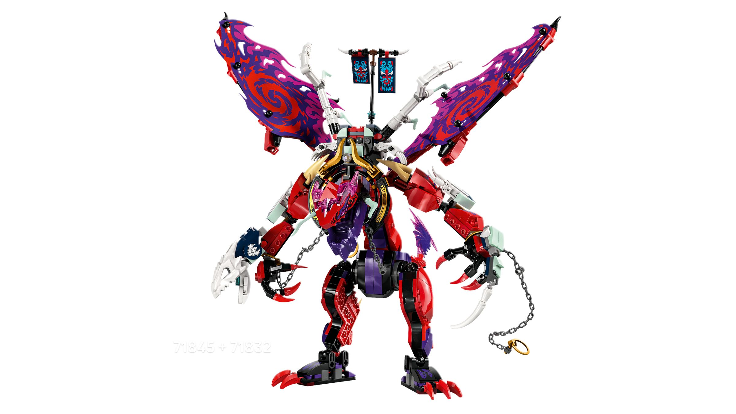 Creatura Lego con corpo rosso e nero, grandi ali viola e rosse, artigli d'osso e catene.