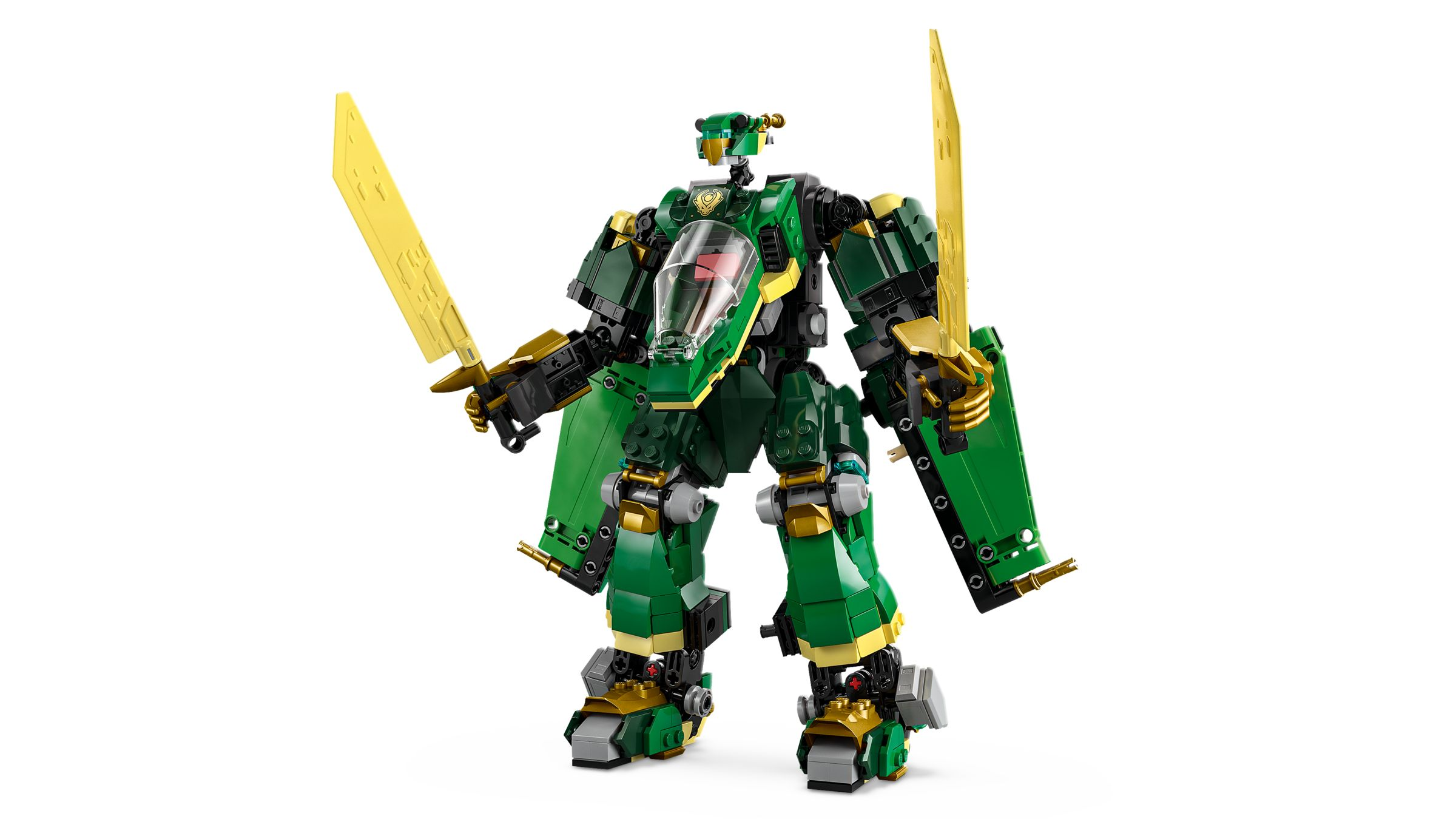 Un robot ninja Lego verde e oro che tiene due grandi spade gialle su sfondo bianco.