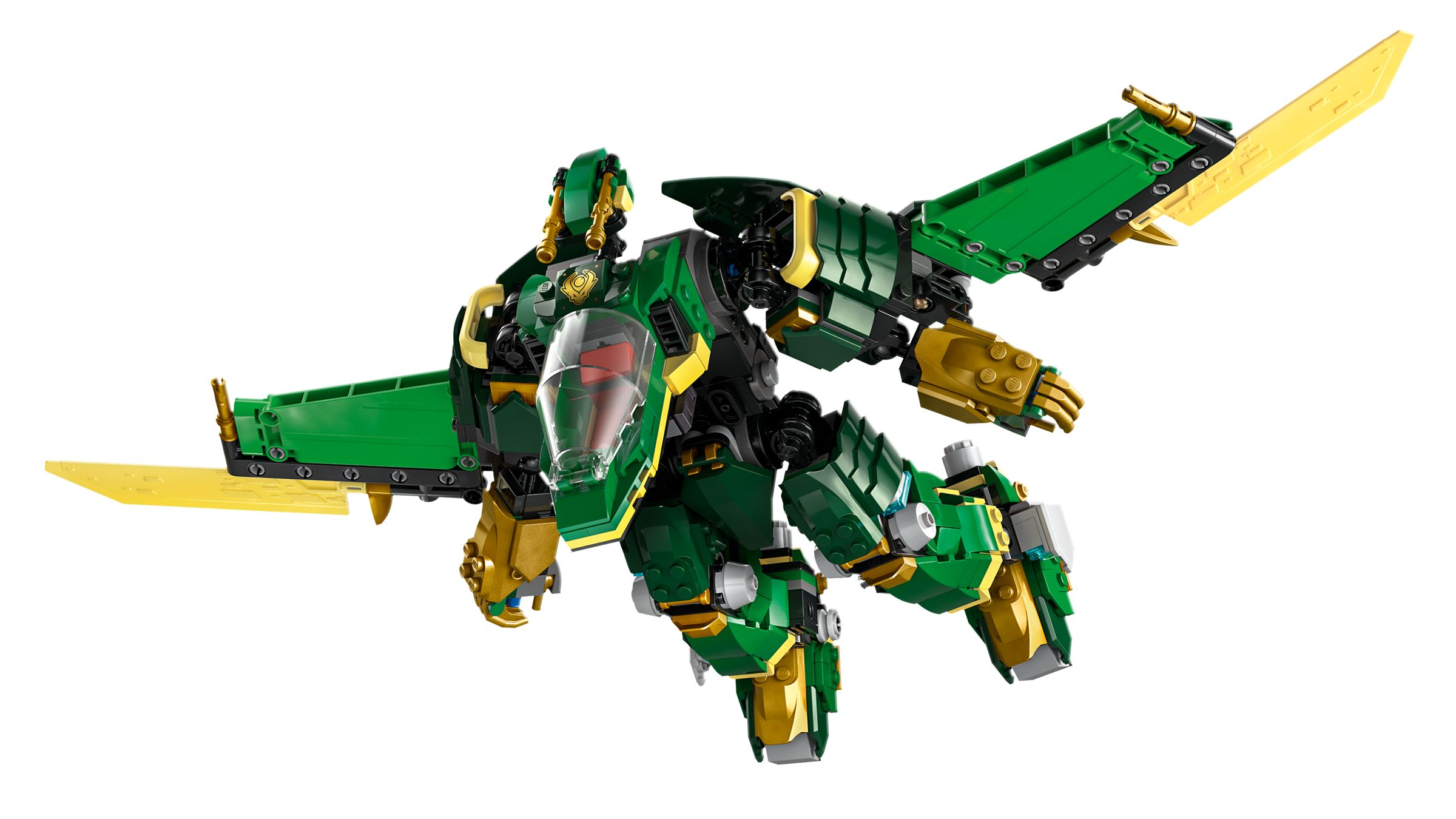 Un robot LEGO verde con dettagli dorati e grandi ali di spada fluttua nell'aria.