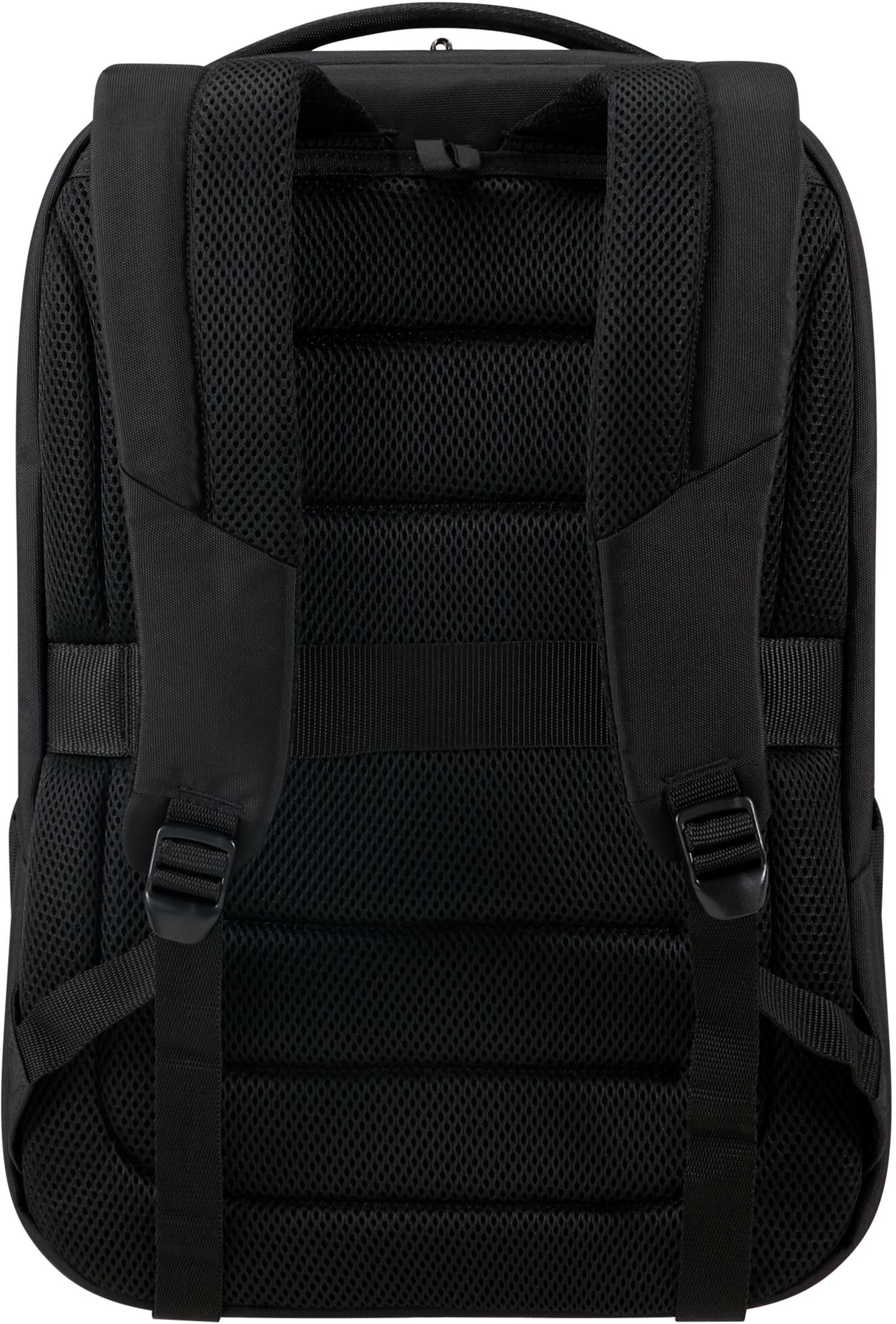Un sac à dos noir montrant son panneau arrière en résille rembourrée et ses bretelles réglables sur fond blanc.