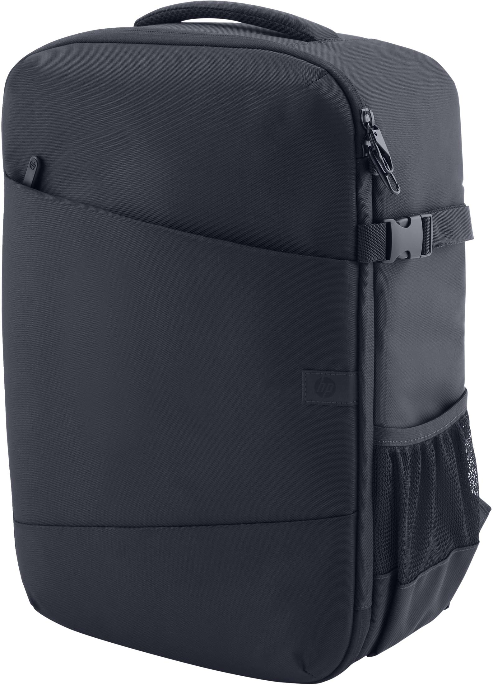 Ein grauer HP Rucksack mit Reißverschlüssen, Seitentaschen und einem Gurt auf weißem Hintergrund.