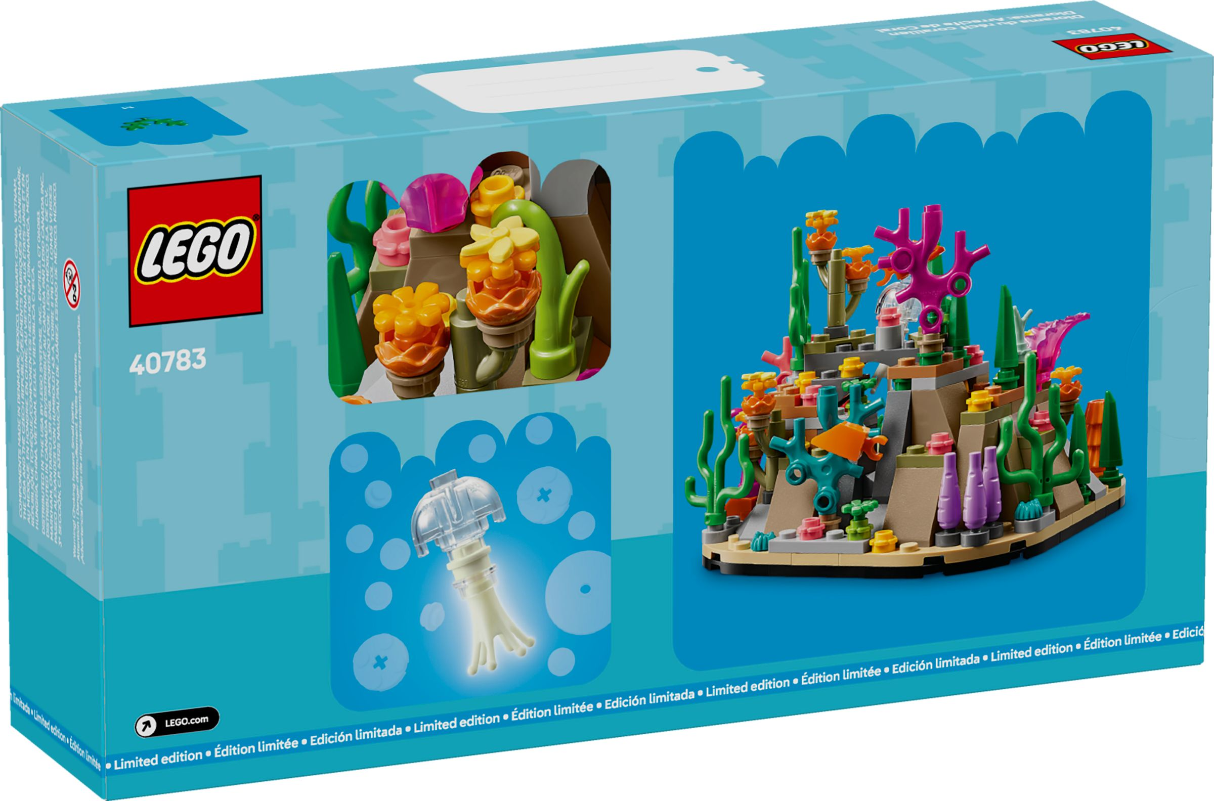 Blaue Lego-Box mit Korallenriff-Modell, kleineren Insets und dem Lego-Logo auf der linken Seite.