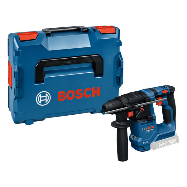 Un martello perforatore a batteria blu Bosch con custodia e batteria da 18V su sfondo bianco.