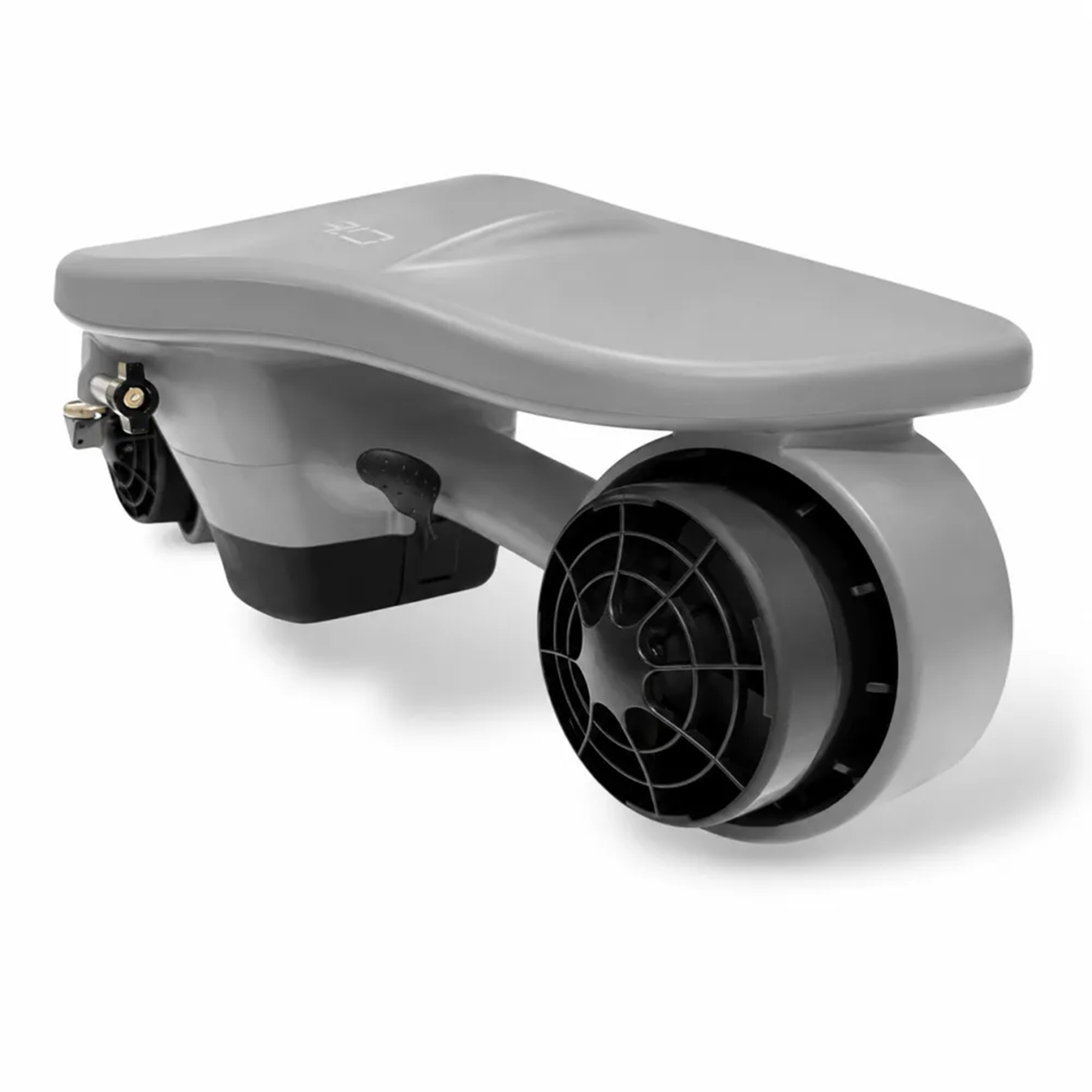 Beyaz arka planda siyah pervaneli ve uzun tasarımlı gri sualtı scooter.