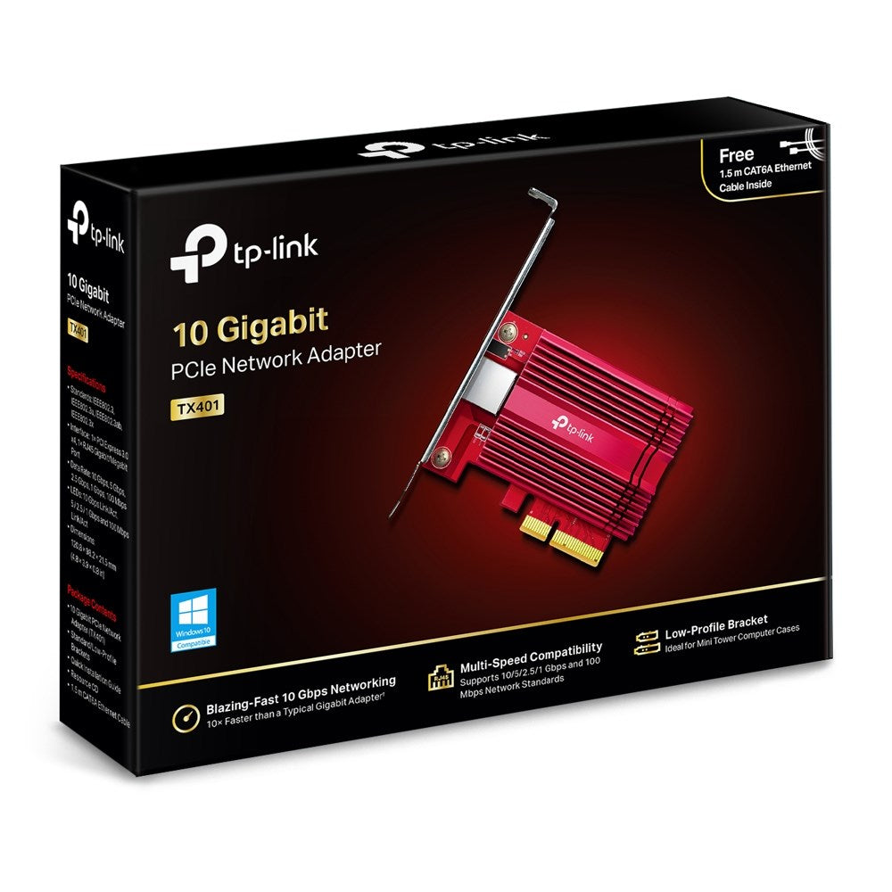 Adattatore di rete PCIe TP-Link 10 Gigabit in confezione nera con immagine di scheda rossa.
