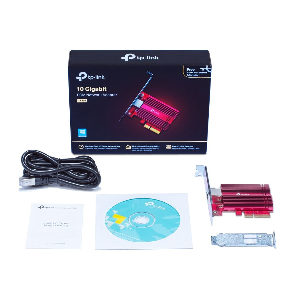 Adattatore di rete PCIe TP-Link 10 Gigabit con scatola, cavo Ethernet, CD, manuale e staffe.