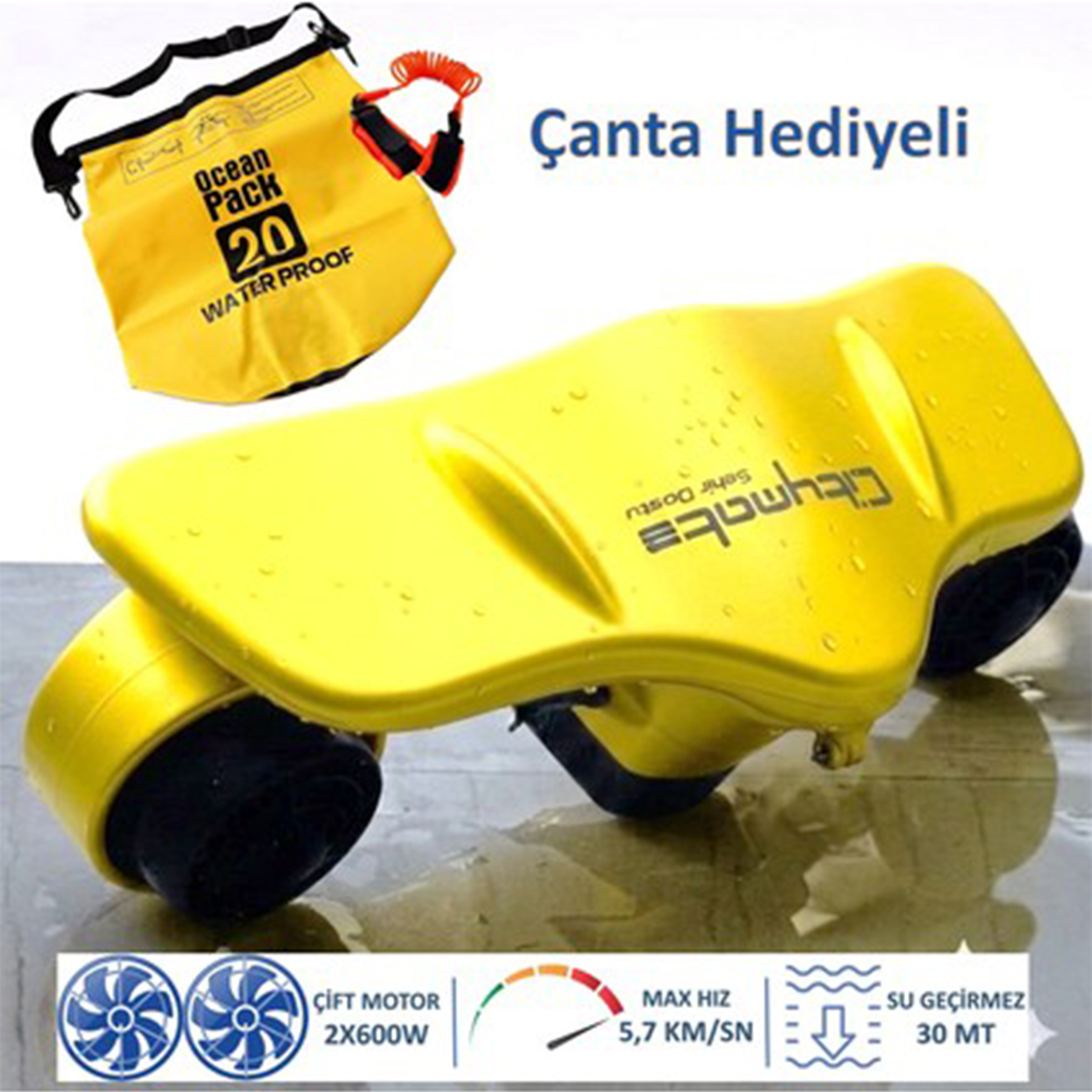 Çift motorlu sarı deniz altı scooter, sarı su geçirmez çanta ve beyaz arka planda mavi özellik simgeleri.