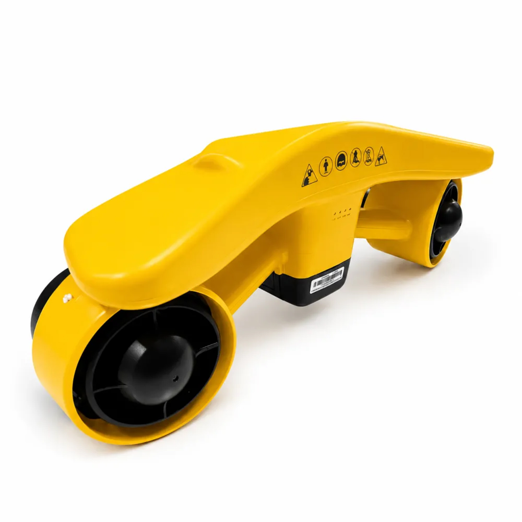 Beyaz arka planda iki siyah pervaneli sarı, aerodinamik su altı scooter'ı.
