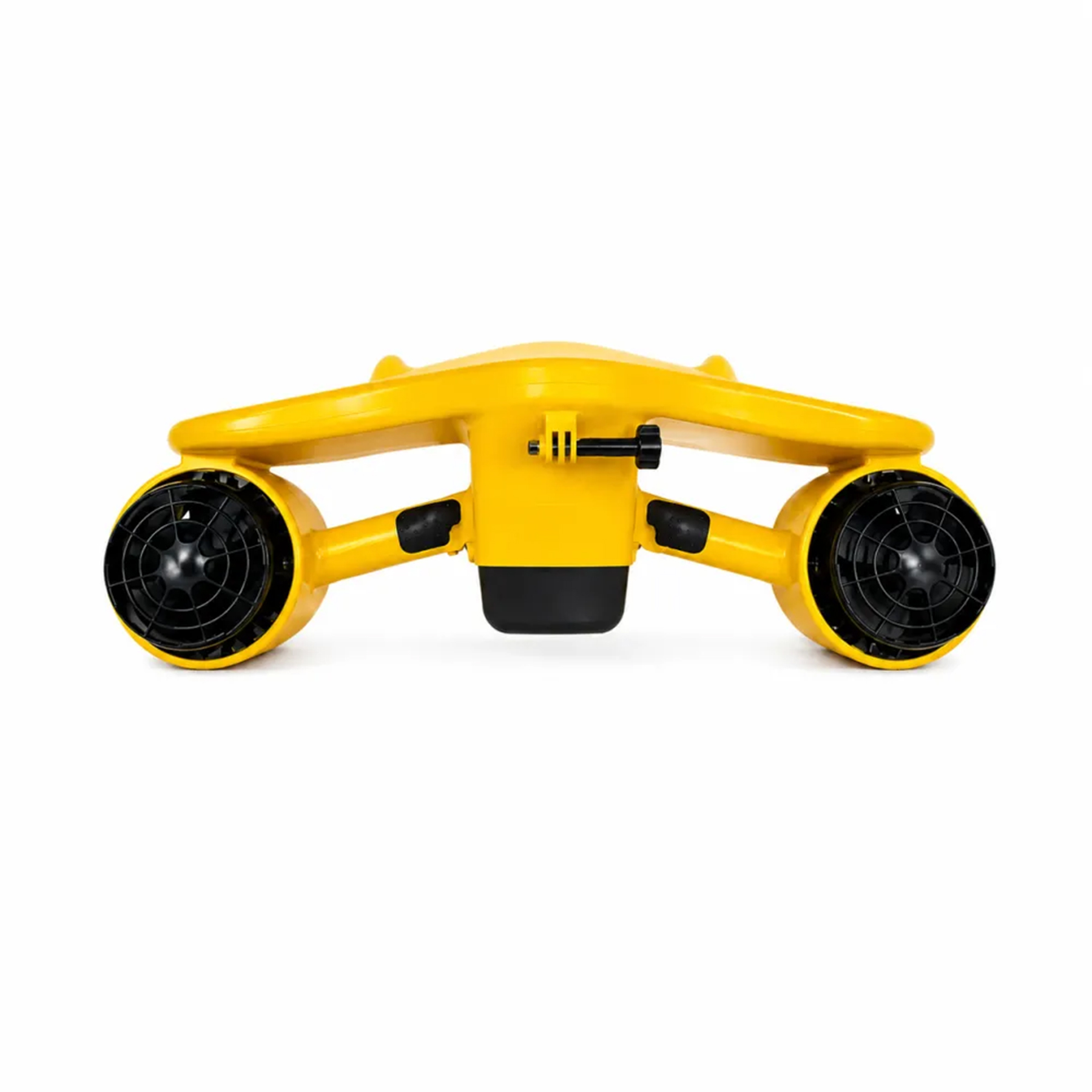 Yanda iki siyah pervaneye ve kamera montajına sahip sarı bir su altı scooter'ı.
