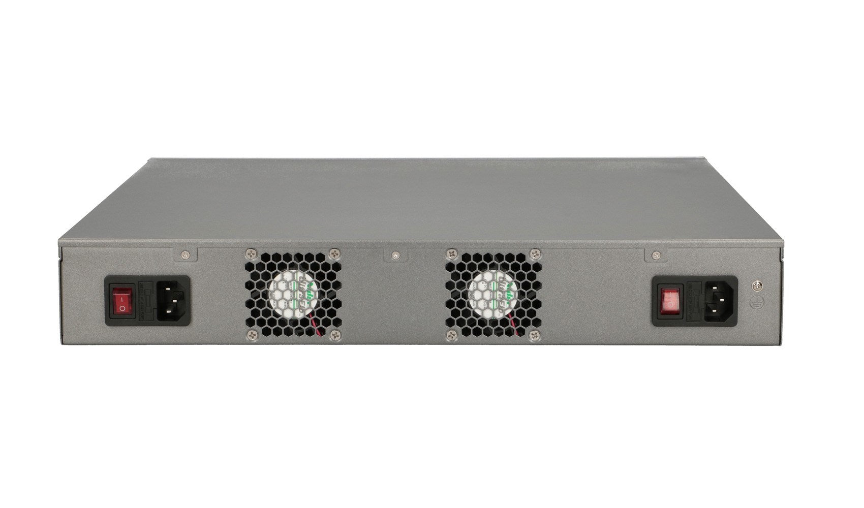 Vista posteriore di un alimentatore per server grigio con due ventole e due interruttori.