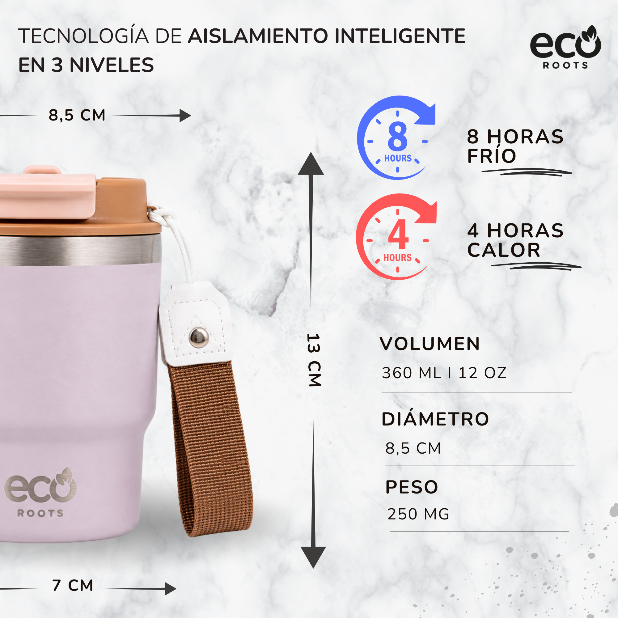 Infografía que muestra un vaso reutilizable lila claro con dimensiones, capacidad y detalles de aislamiento en mármol.