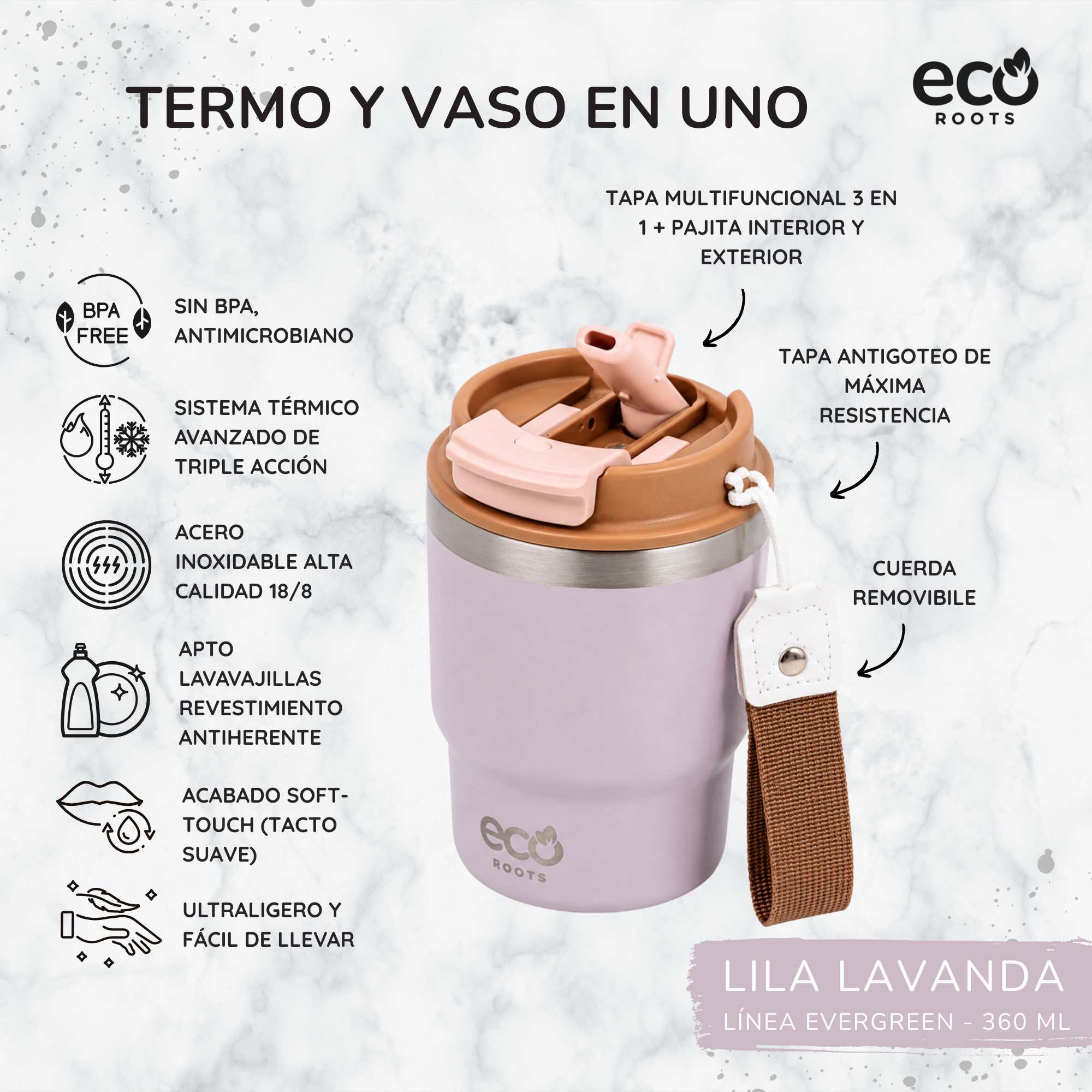 Vaso térmico lila y marrón con pajita y correa extraíble, rodeado de detalles del producto en español.