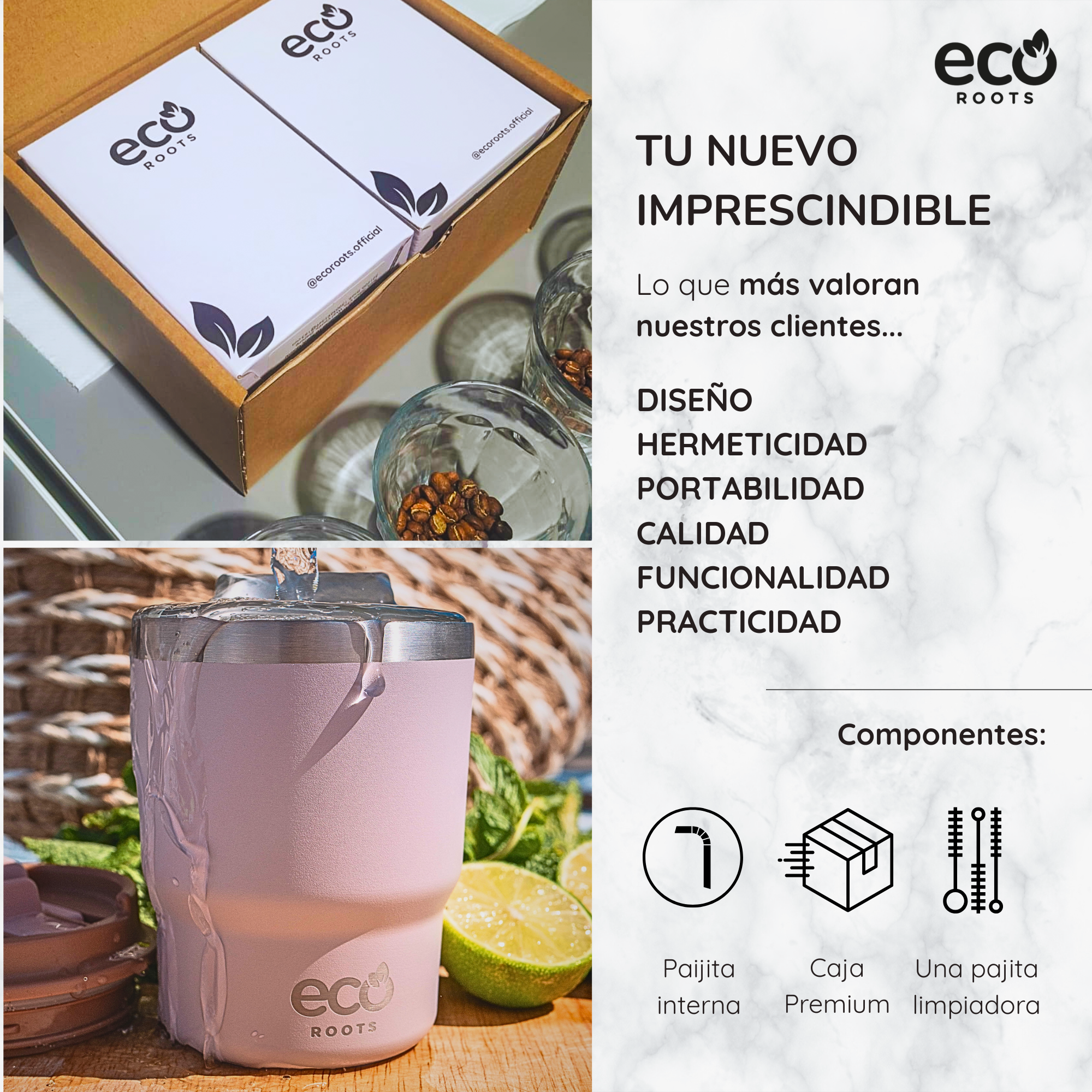 Anuncio de producto Eco Roots con taza rosa, granos de café y características sobre fondo de mármol.