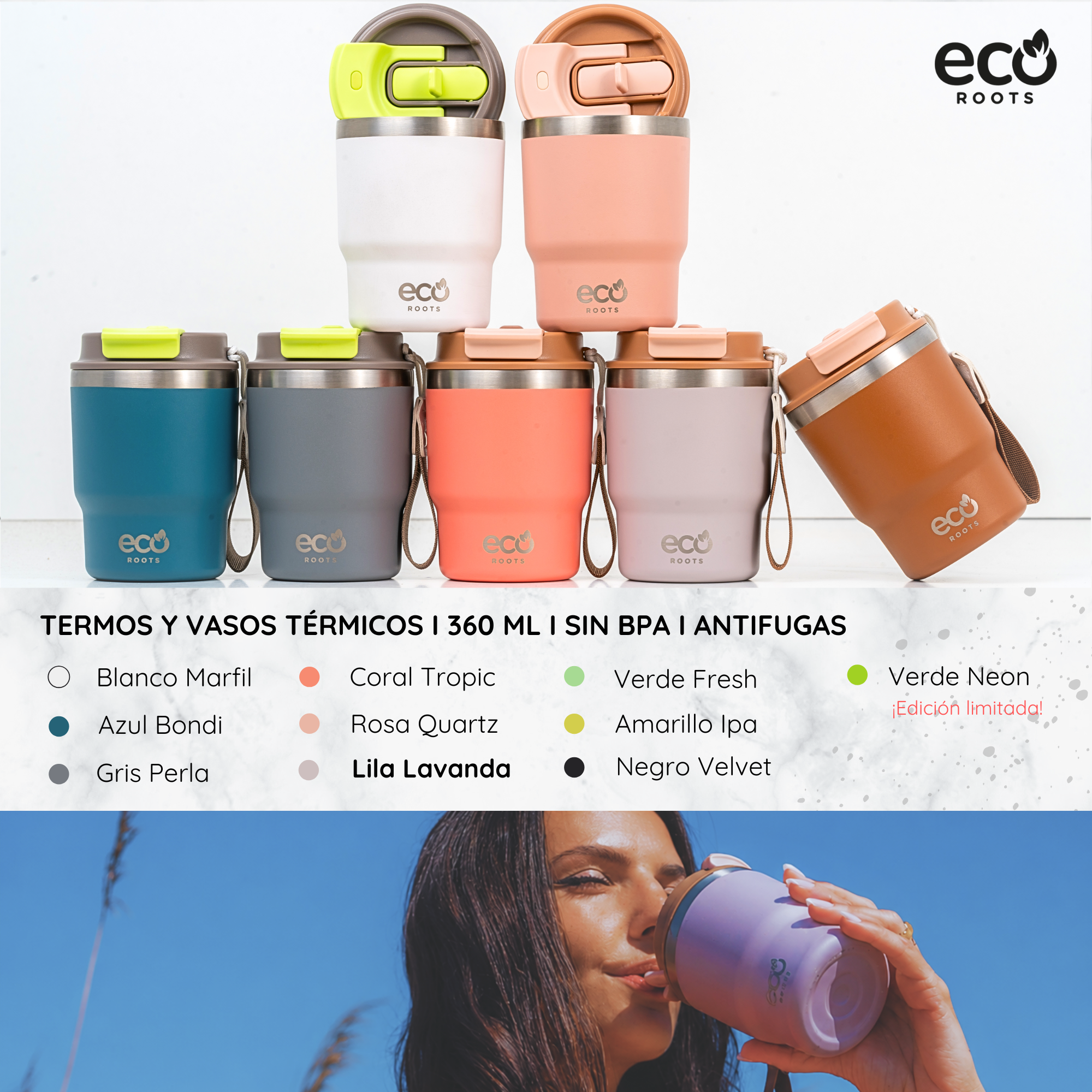 Múltiples tazas térmicas EcoRoots coloridas en varios tonos, incluyendo blanco, azul, rosa y marrón, con texto.