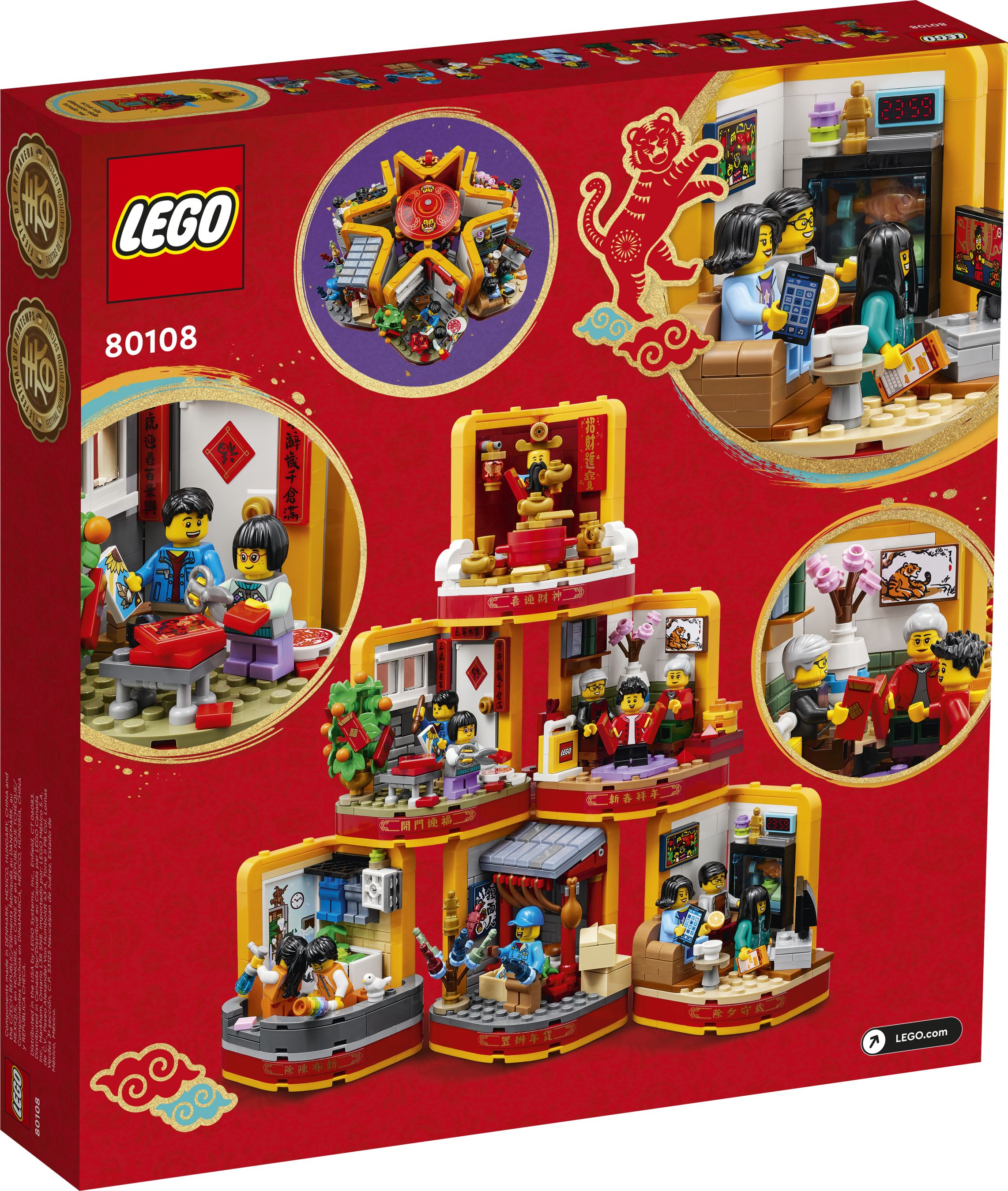 Scatola LEGO che mostra un set dettagliato del Capodanno cinese con minifigure e varie scene.