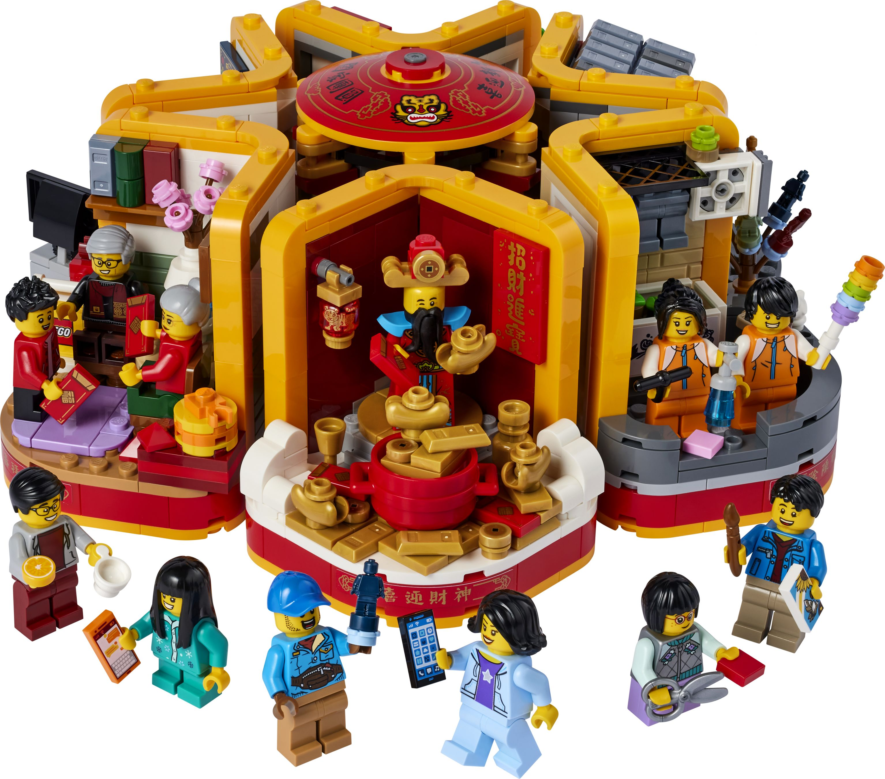 Set Lego del Capodanno cinese con santuario centrale, varie stanze e minifigure in festa.