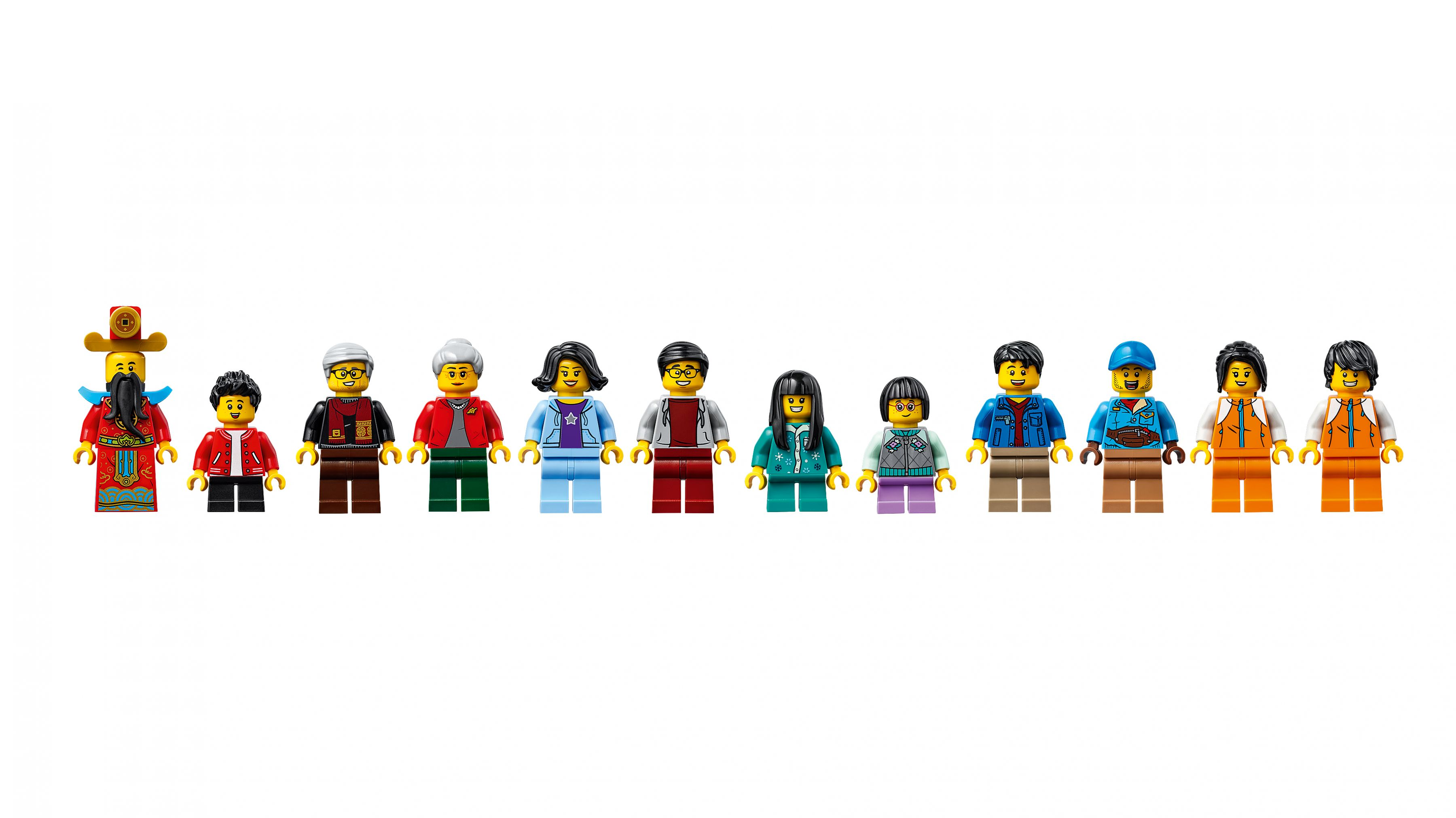 Una fila di dodici colorate minifigure Lego in vari abiti su sfondo bianco.