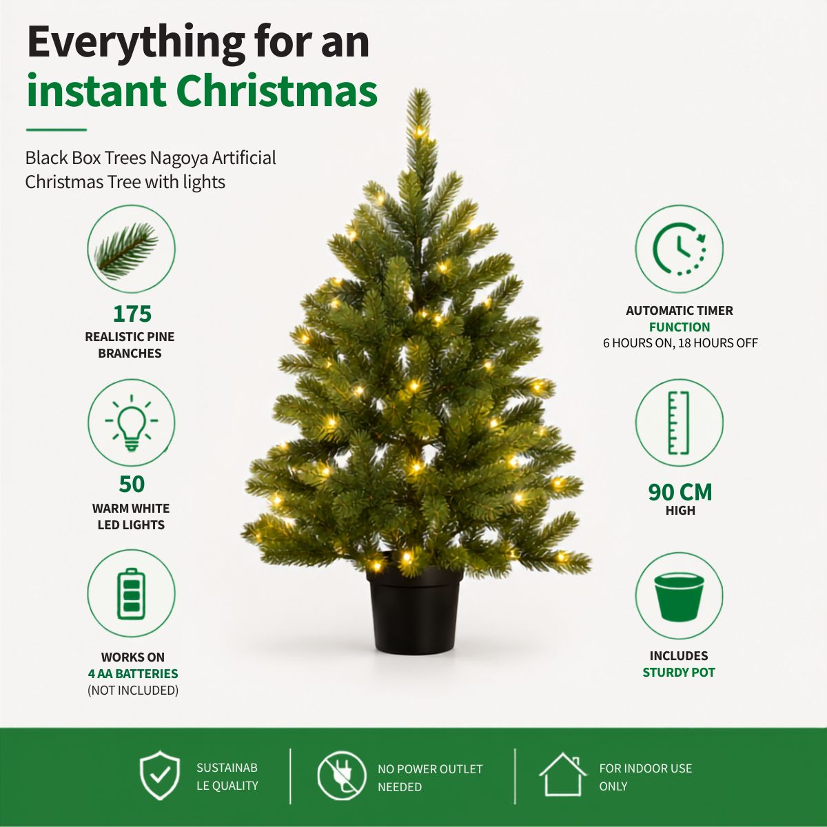 Artificial Christmas tree in black pot with warm white LED lights and product features.