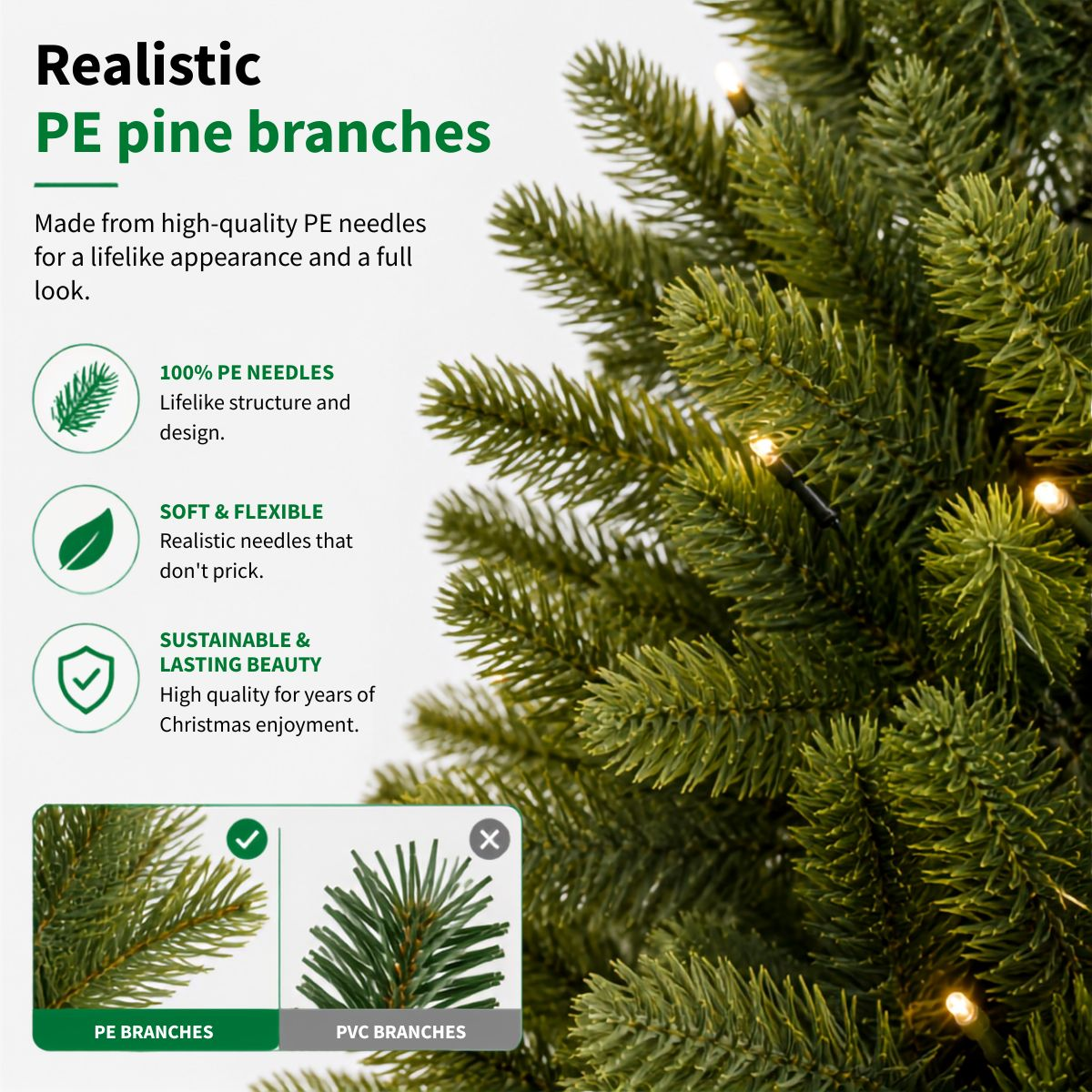 Close-up of realistic green PE pine branches with lights, text callouts, and a product comparison.