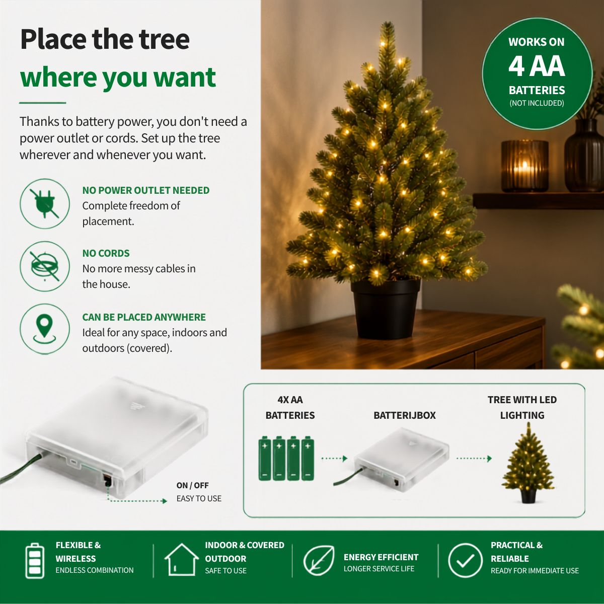 Compact Christmas tree with LED lights, powered by four AA batteries for cordless flexibility.