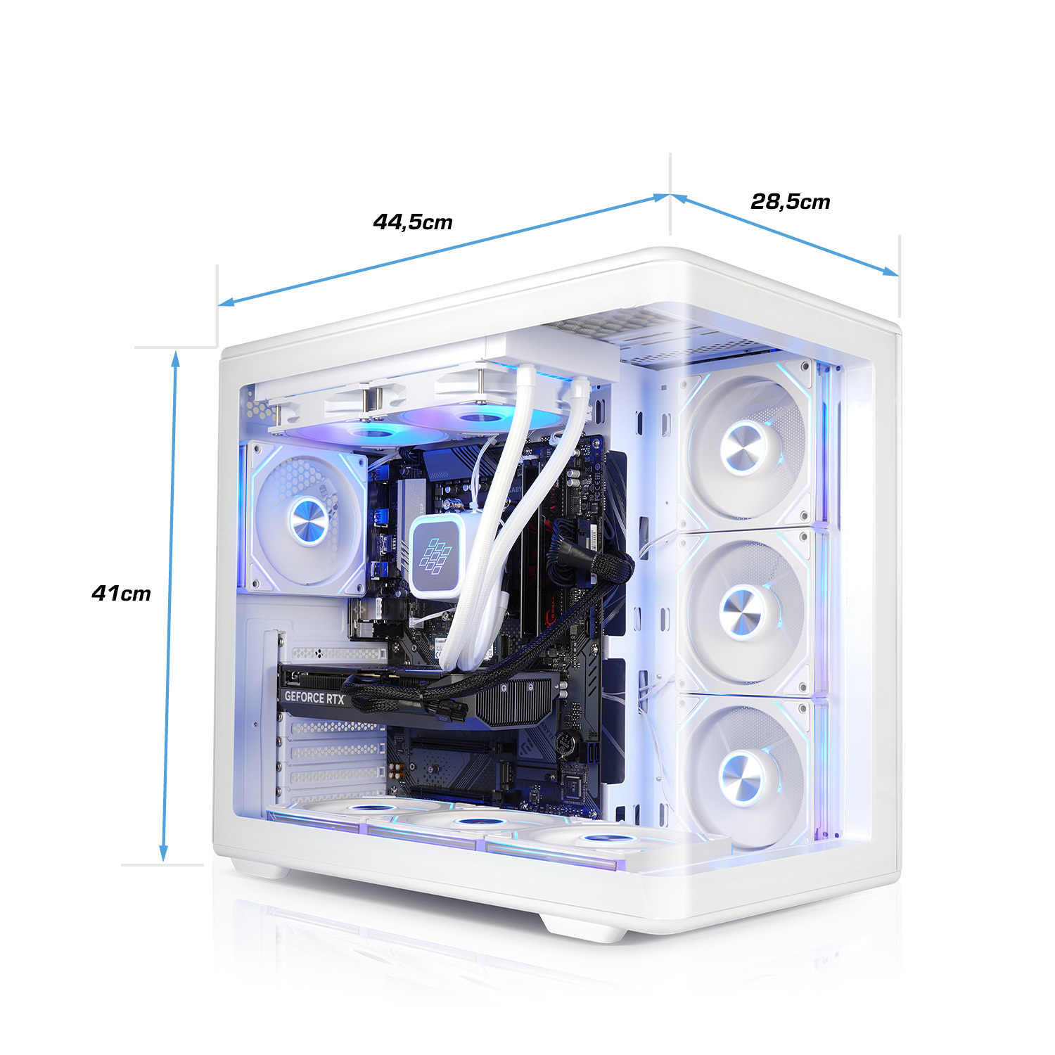 Witte pc-behuizing met waterkoeling, blauwe verlichting en afmetingen van 44,5x28,5x41 cm op een witte achtergrond.